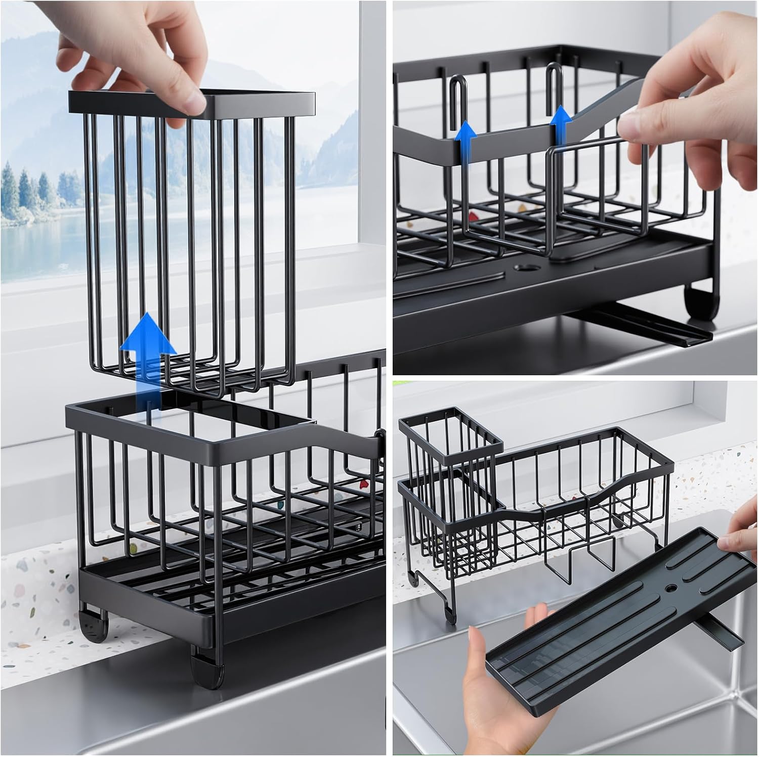 Maifan Kitchen Sink Caddy Organzier Sponge Holder for Kitchen Sink with High Brush Holder