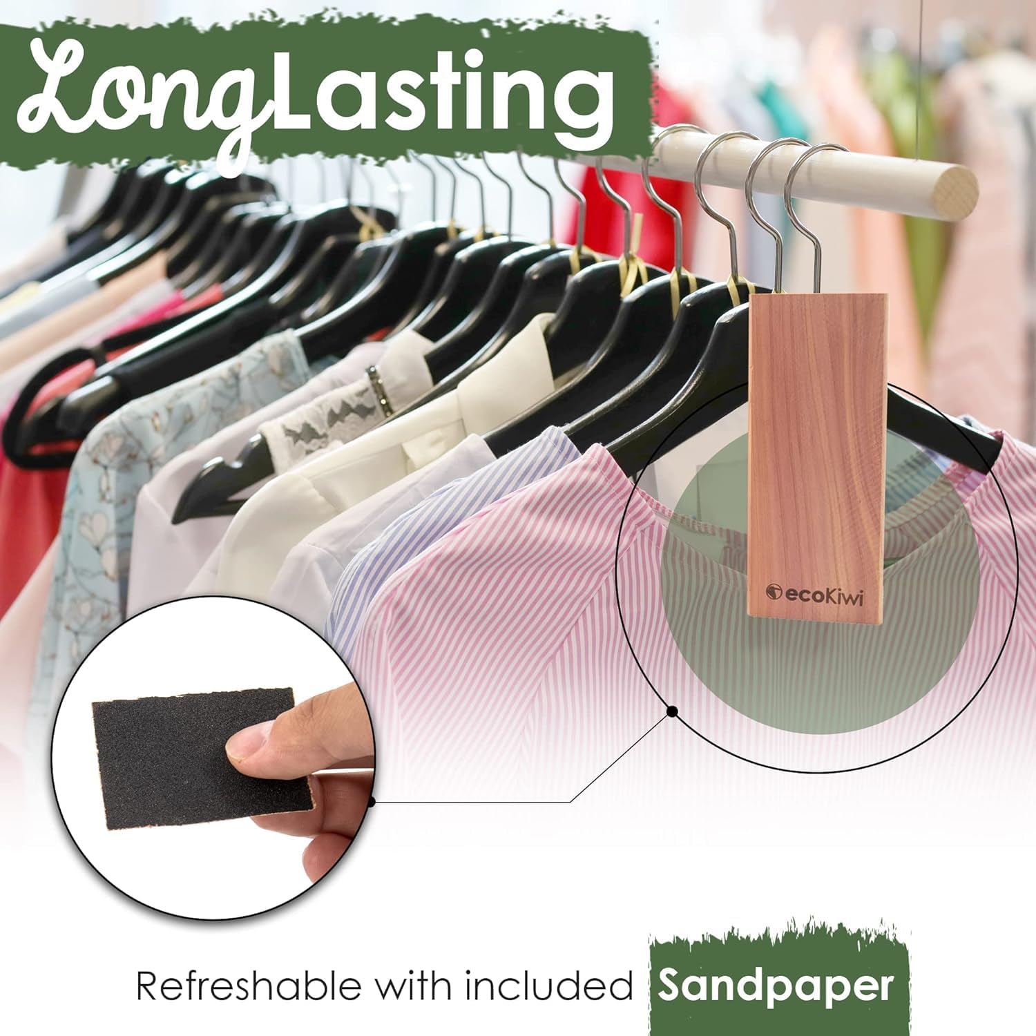 ecoKiwi Cedar Blocks for Clothes Storage - 10 Pack Hang Ups - 100% Natural Aromatic Cedar Planks