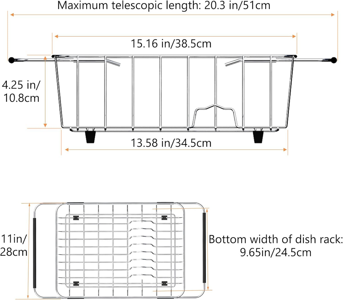 Stainless Steel Dish Drying Rack(15.2"L X 11"W X 5.3"H), Expandable Fruit & Vegetable Drain Rack