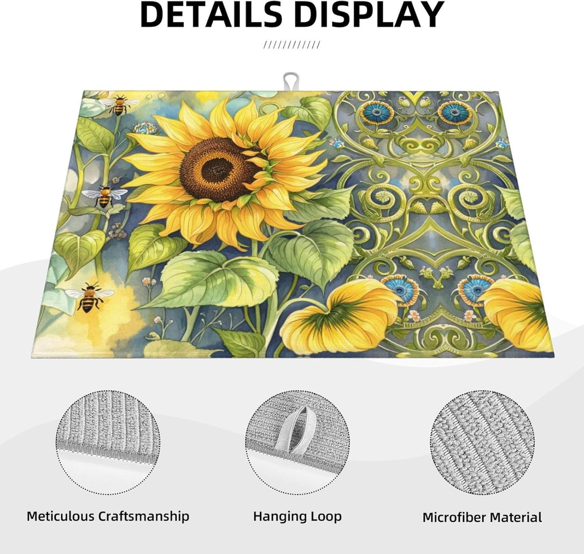 Sunflower Bee Dish Drying Mat Highly Absorbent Double-Sided Microfiber with Hanging Loop Reversible