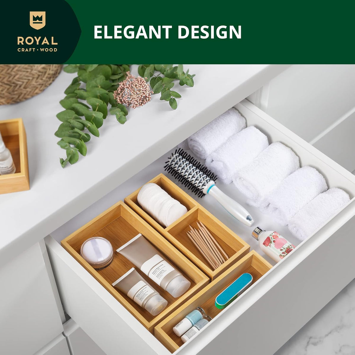 ROYAL CRAFT WOOD Luxury Bamboo Drawer Organizer Storage Box, Bin Set - Multi-Use Drawer Organizer