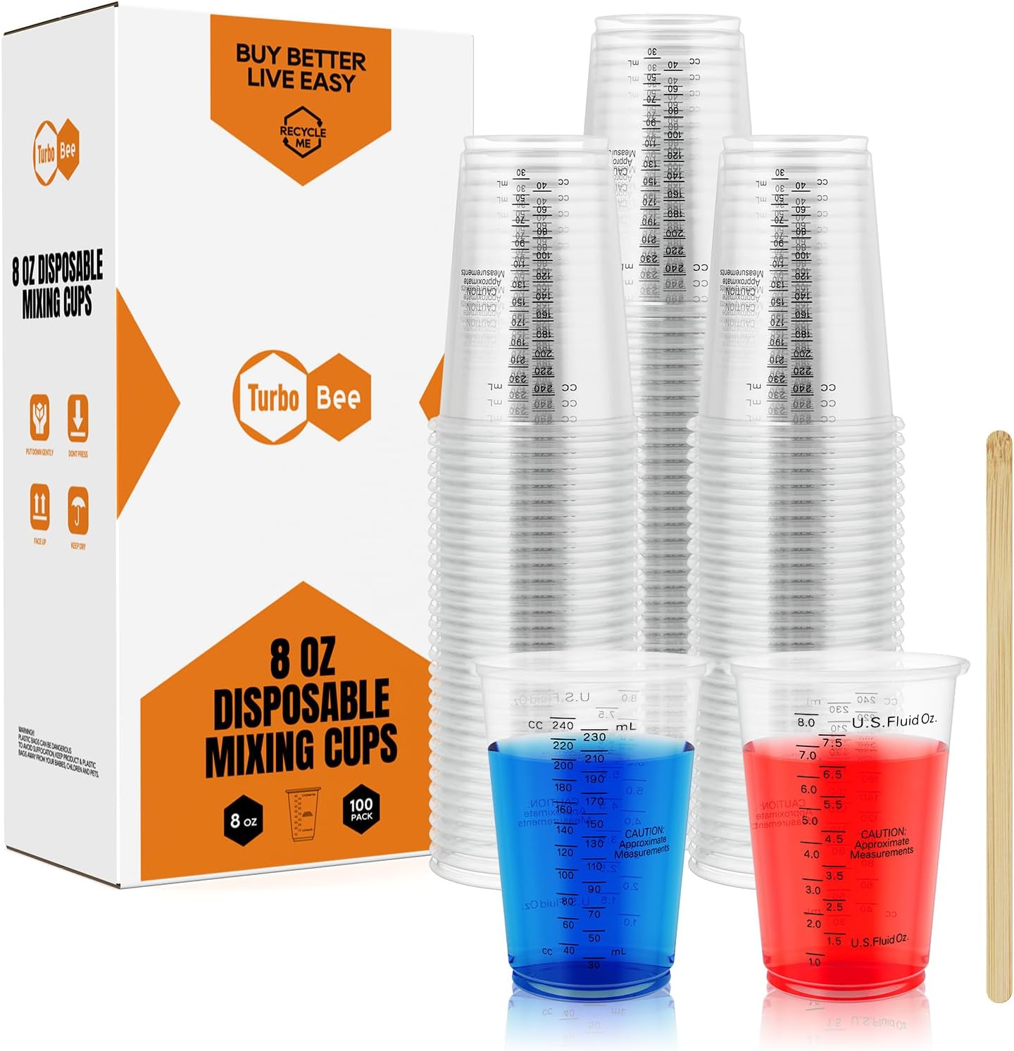 Turbo Bee Plastic Measuring Cups 8OZ,100 PACK Disposable Mixing Cups with 100 Mixing Sticks,Paint