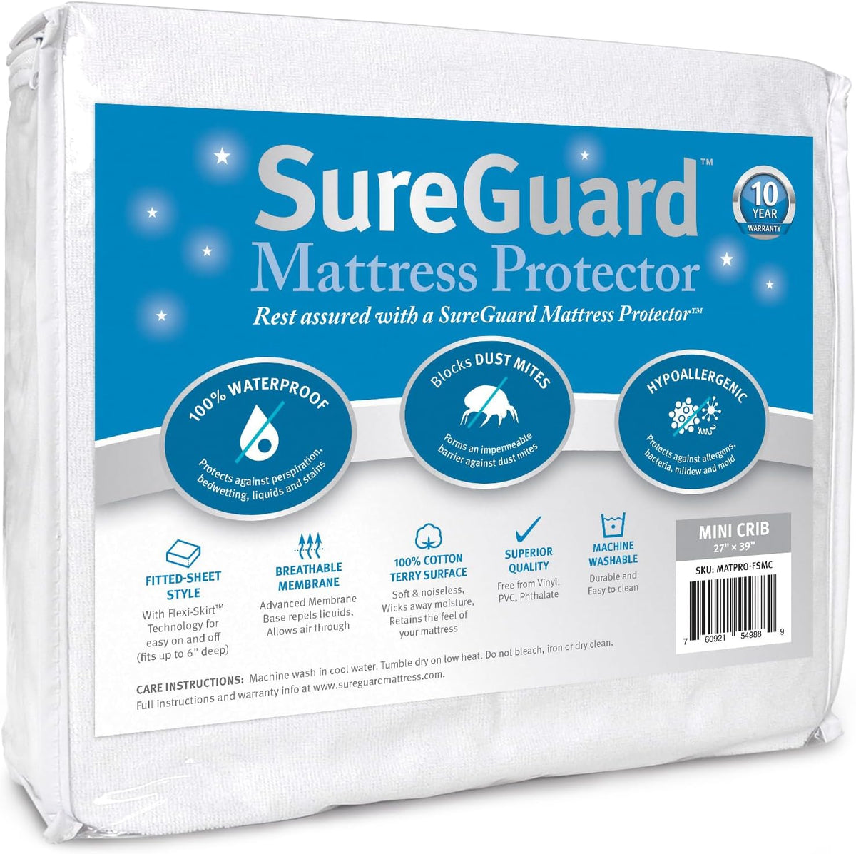 SureGuard Mini Crib Mattress Protector - 100% Waterproof, Hypoallergenic - Premium Fitted Cotton