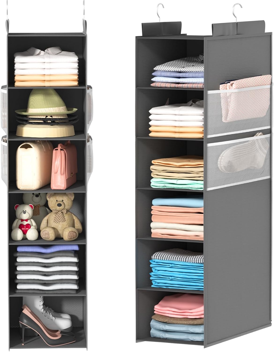 Extra Deep Hanging Closet Organizer with 6 Shelves and Oversized Mesh Pockets, Heavy-Duty