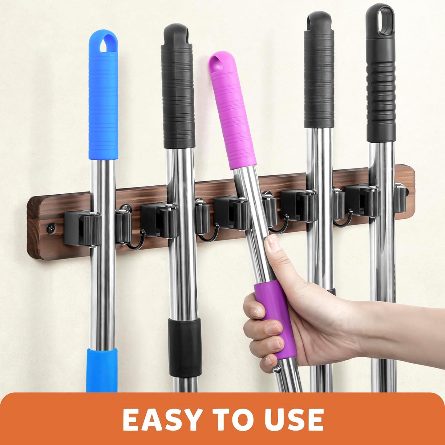 IMILLET Broom Holder Wall Mount, Rustic Wood Broom Hanger with 5 Racks and 4 Hooks, Laundry Room