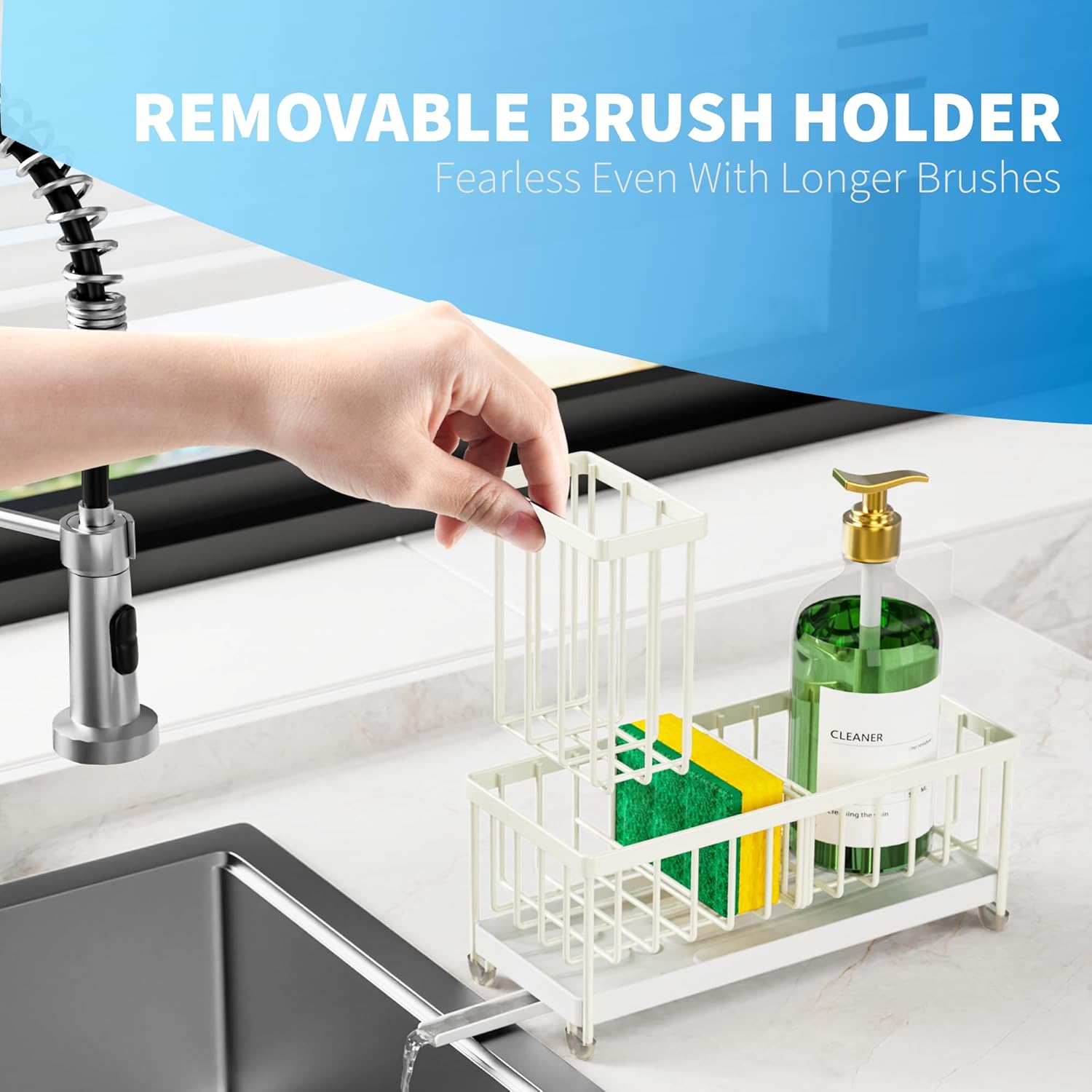 Cisily Cream Sponge Holder for Kitchen Sink, Sink Caddy Organizer with High Brush Holder, Kitchen