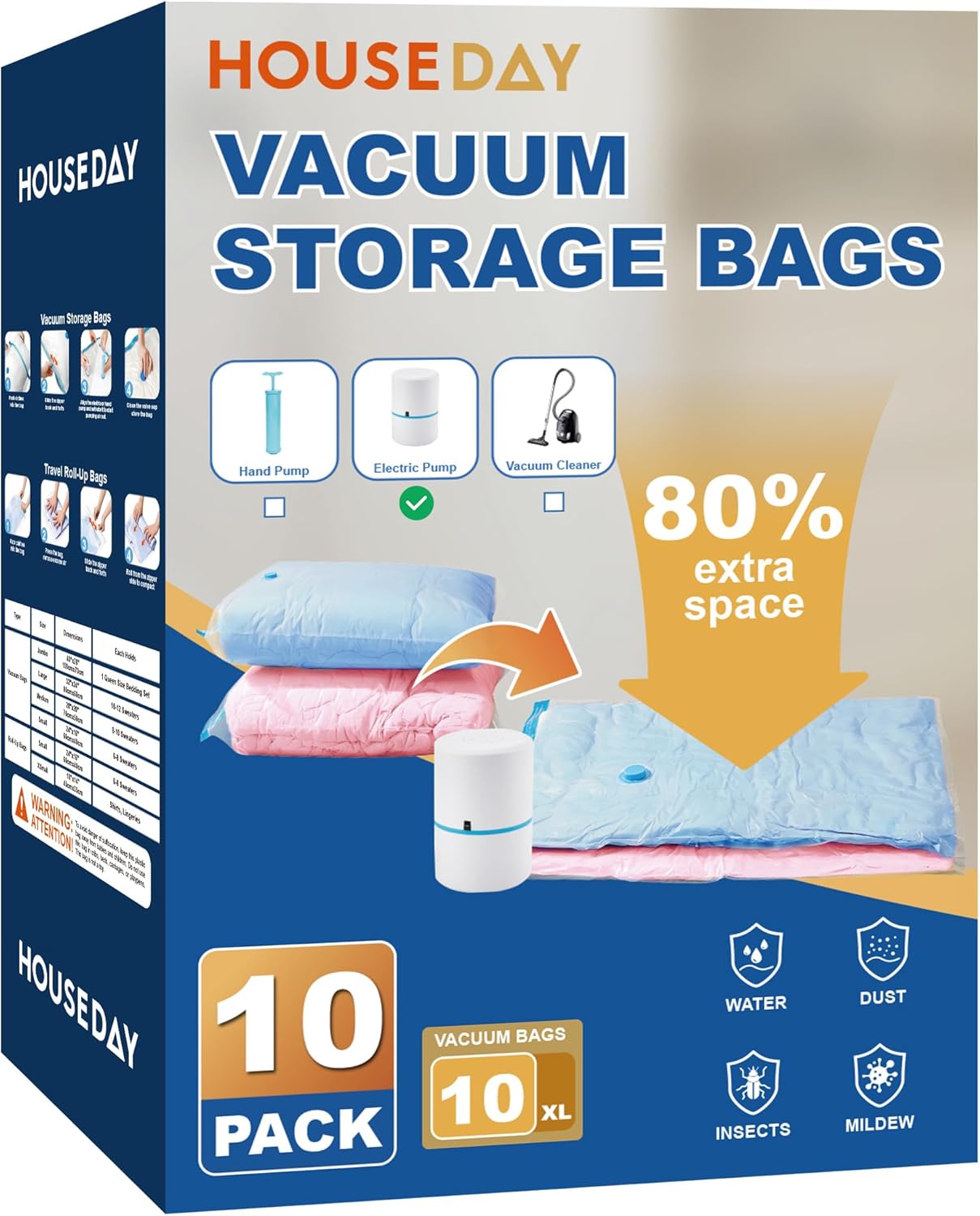 HOUSE DAY 10 Jumbo Vacuum Seal Bags For Clothing Travel, 80% Space Saving Travel Vacuum Bags with