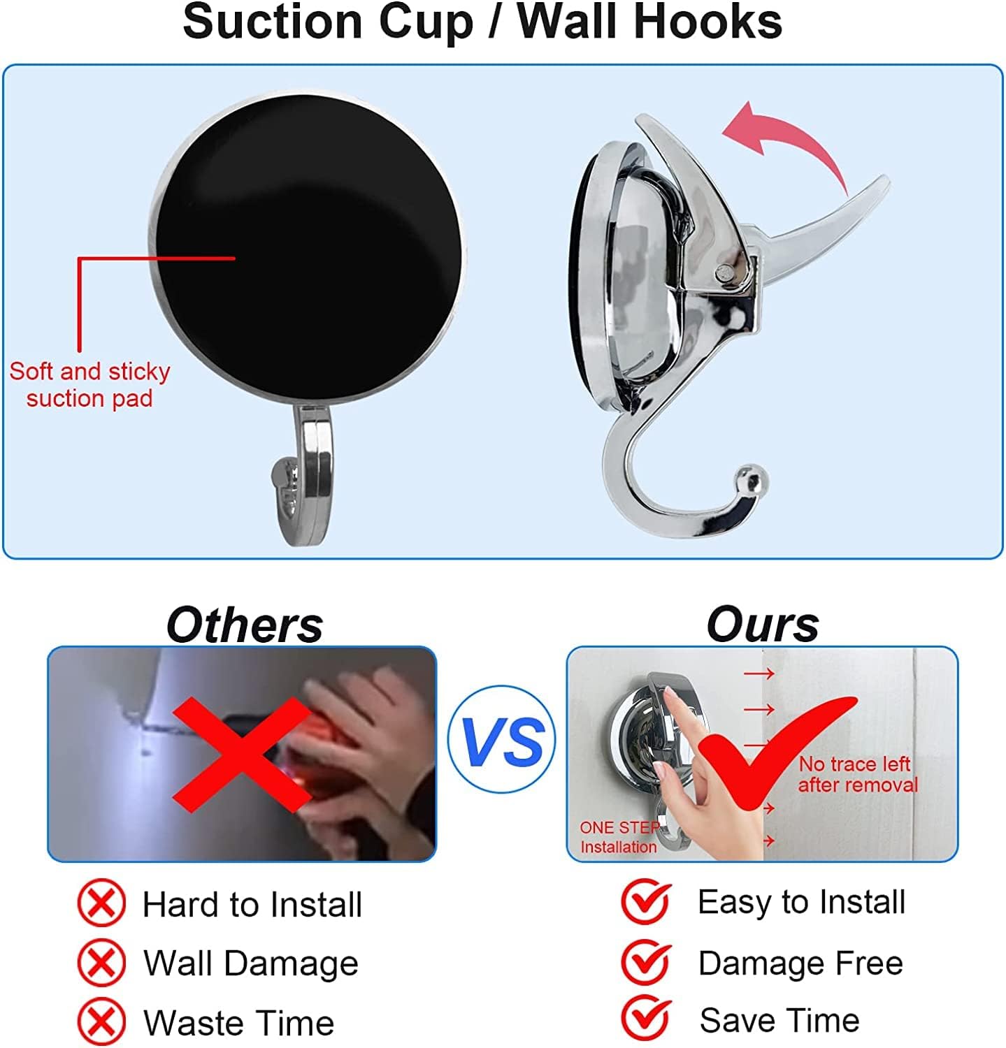 Suction Cup Hooks - Heavy Duty Glass, Reusable, No Hole Punched, for Bathroom Robe & Garland