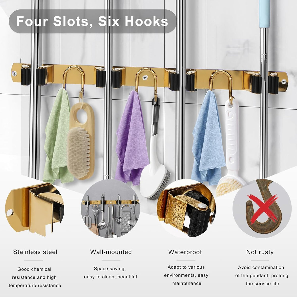 Mop Broom Holder Wall Mount, Gold Stainless Steel Tool Storage Organizer for Kitchen Garden Garage