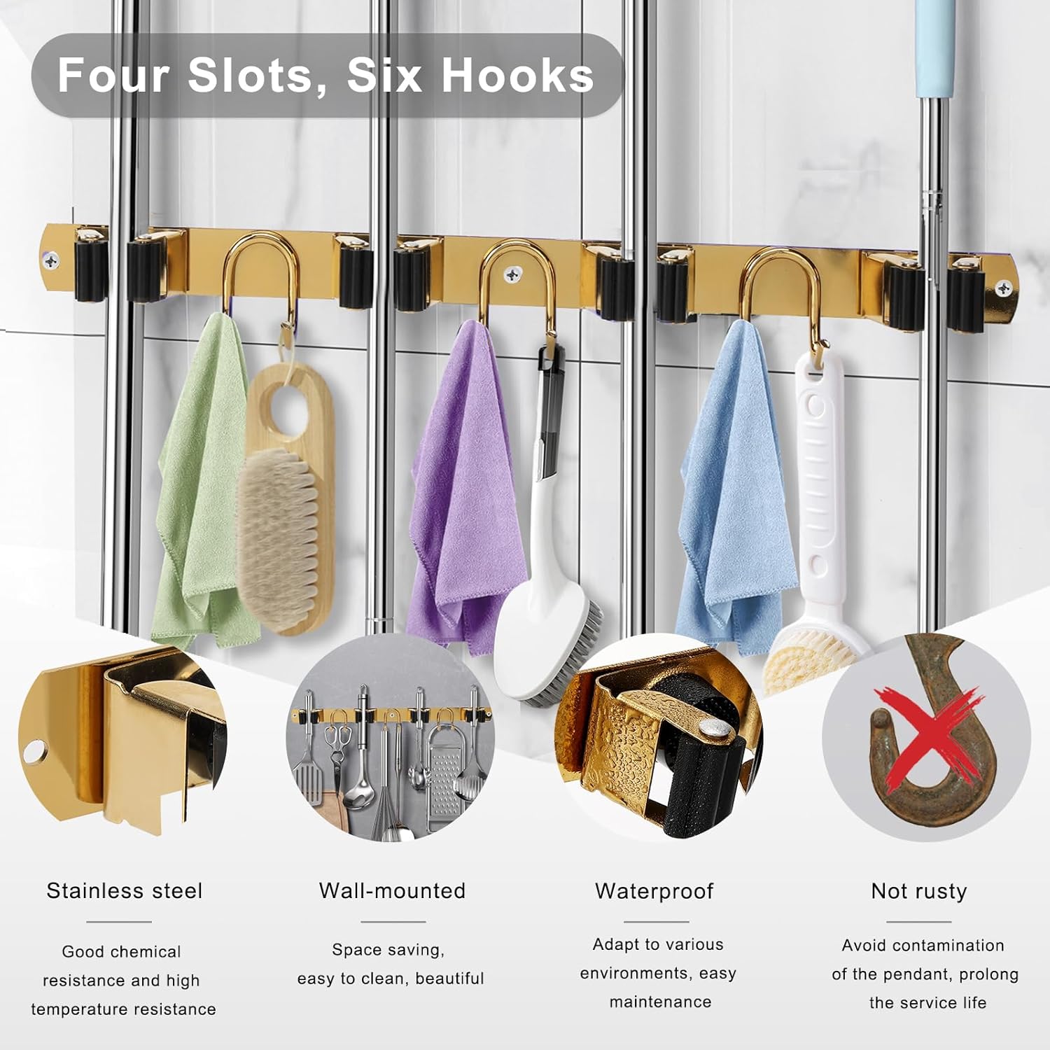 Mop Broom Holder Wall Mount, Gold Stainless Steel Tool Storage Organizer for Kitchen Garden Garage