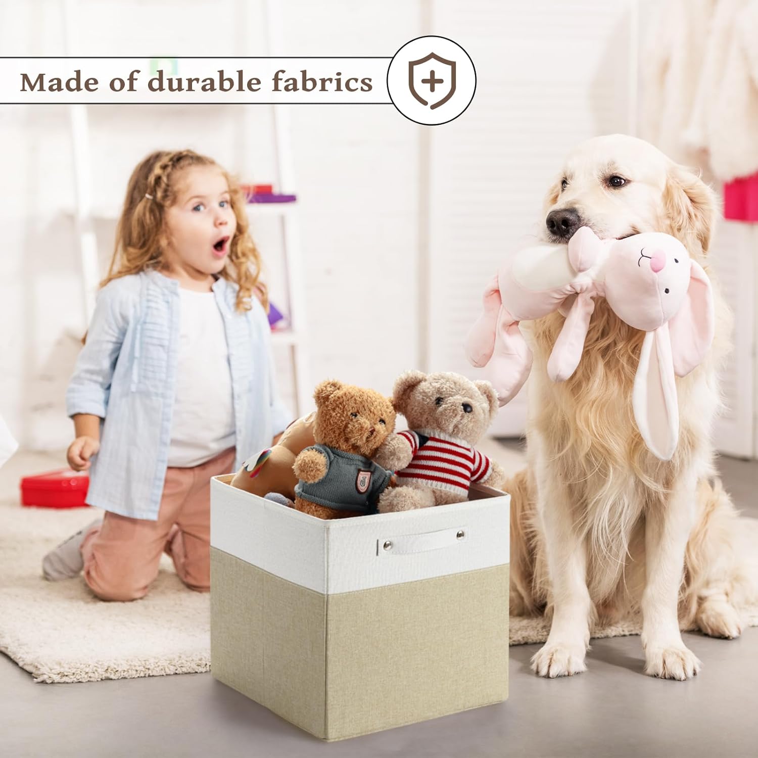 13 x 13 Inch Fine Linen Storage Bins with Handles，Fabric Cube Boxs，Collapsible Basket Organizers