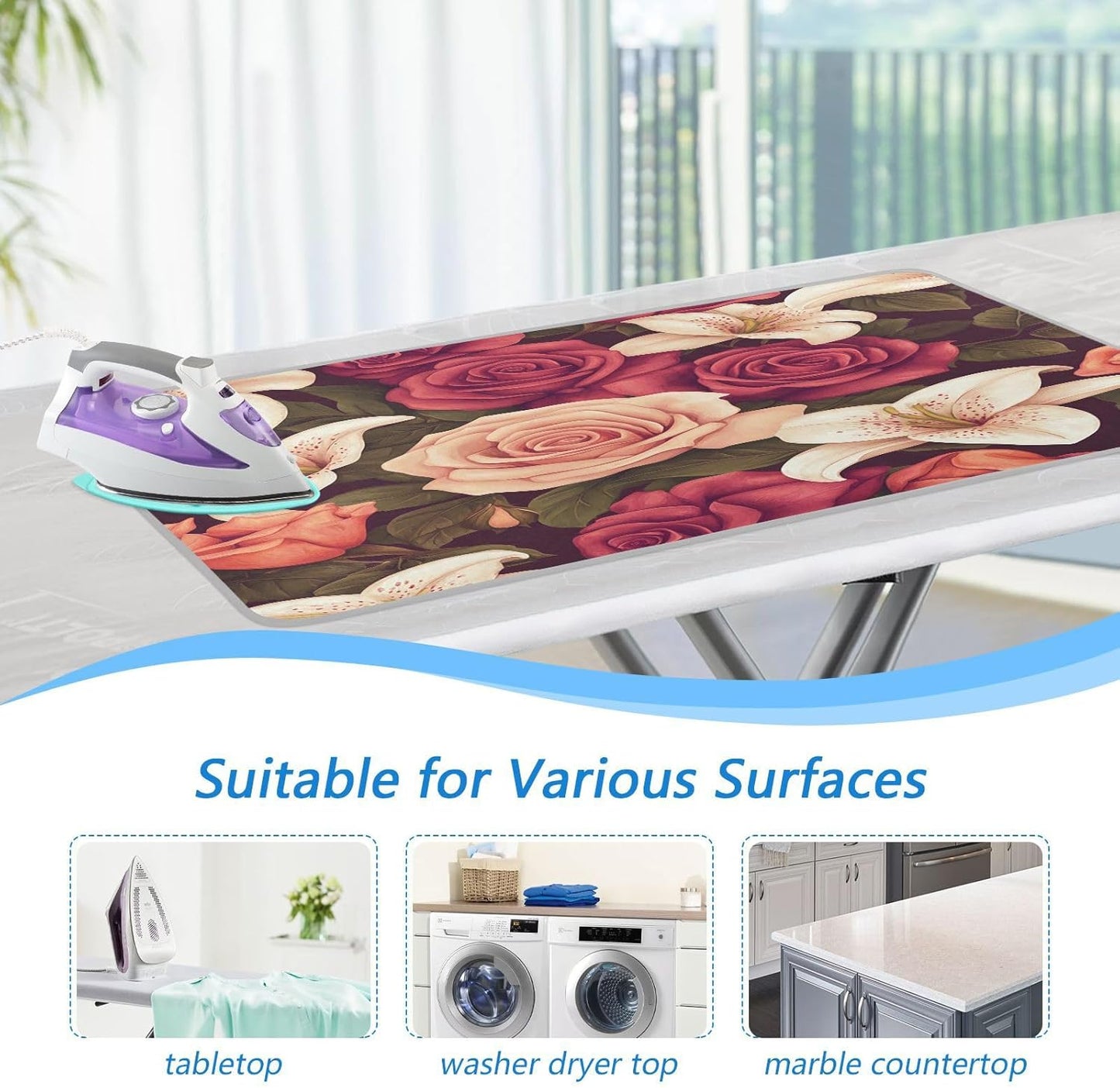 Roses and Lily Flowers Ironing Mat Thickened Ironing Blanket Travel Portable Double-Side Using
