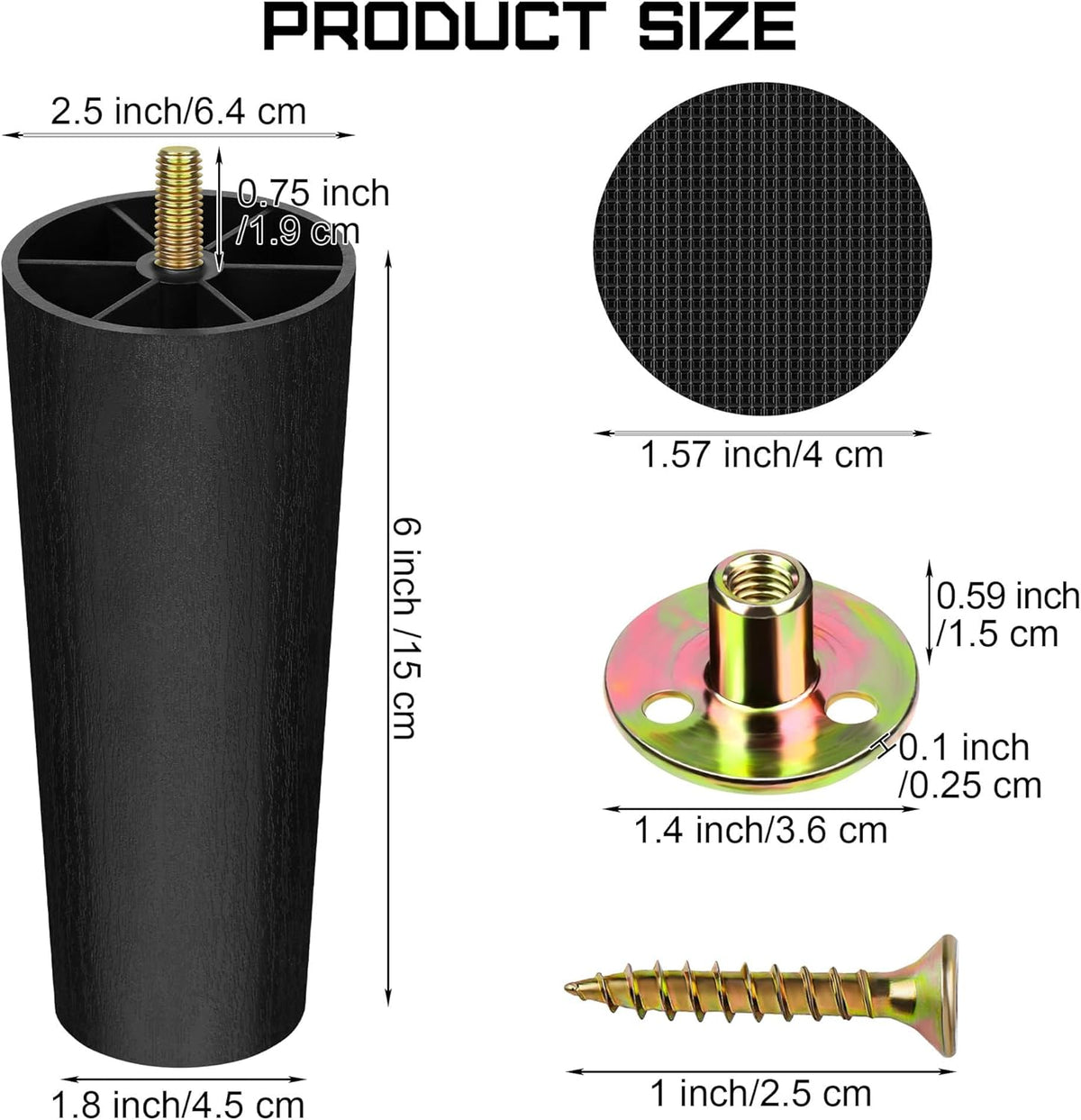 TURSTIN 16 Pack 6 Inch Plastic Furniture Legs with M8 T-Nuts Screws Tapered Sofa Couch and Chair