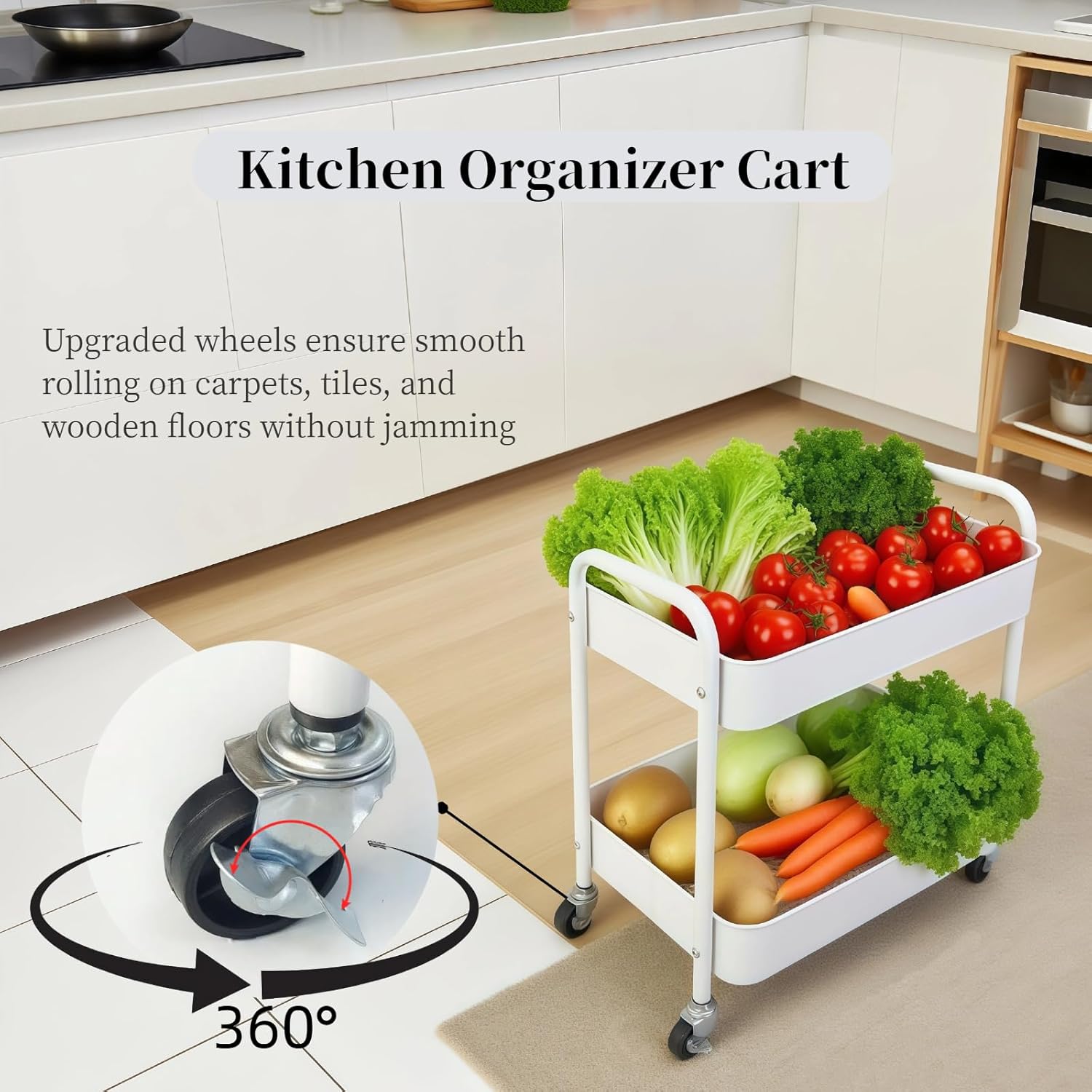 2 Tier Metal Rolling Cart with Wheels for Under Desk Storage & Pantry Storage, High Load-Bearing