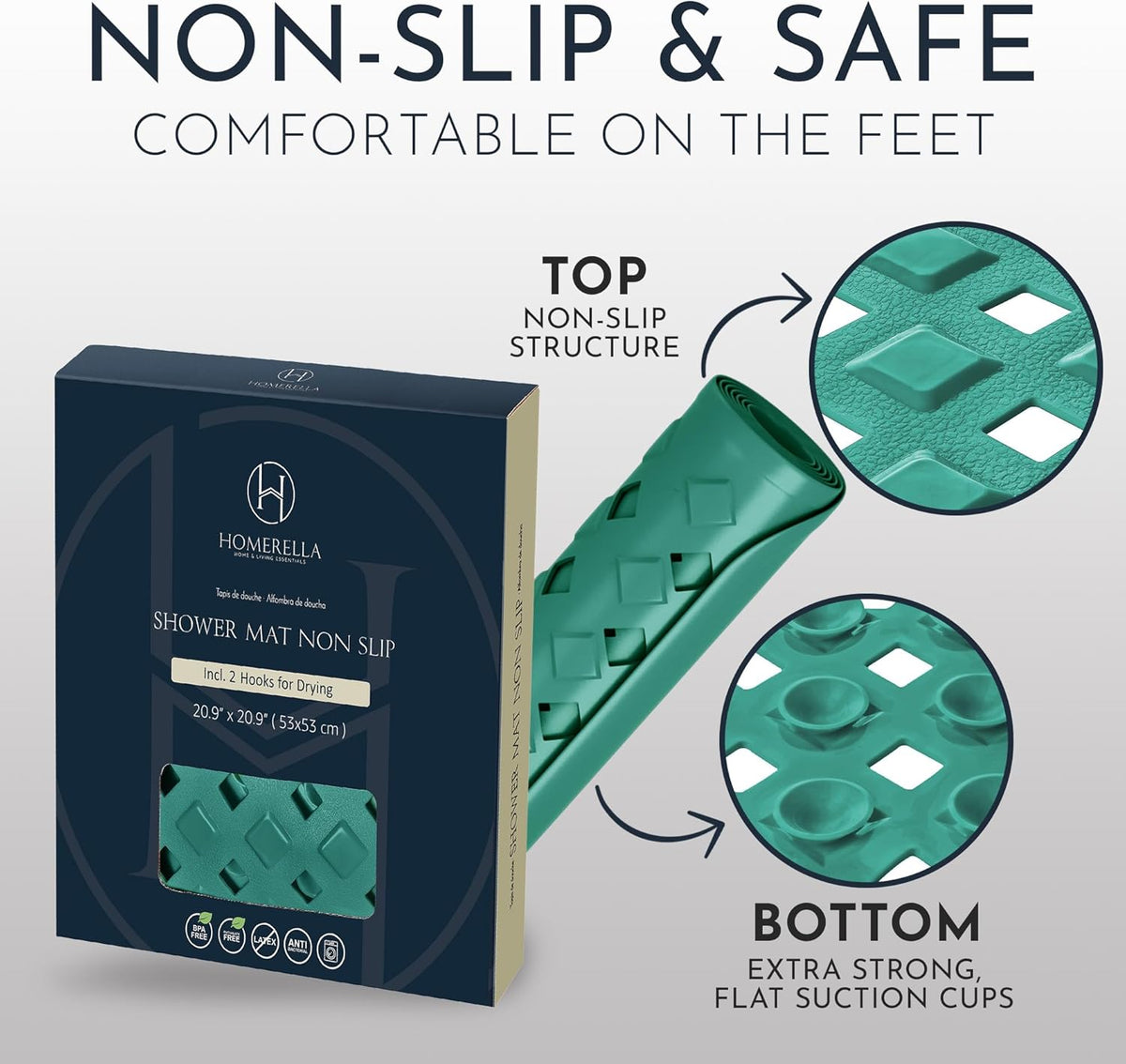 Homerella Anti Slip Shower Mat | Anti Mold Non Slip Bathtub Mat for Inside Shower | Square Floor