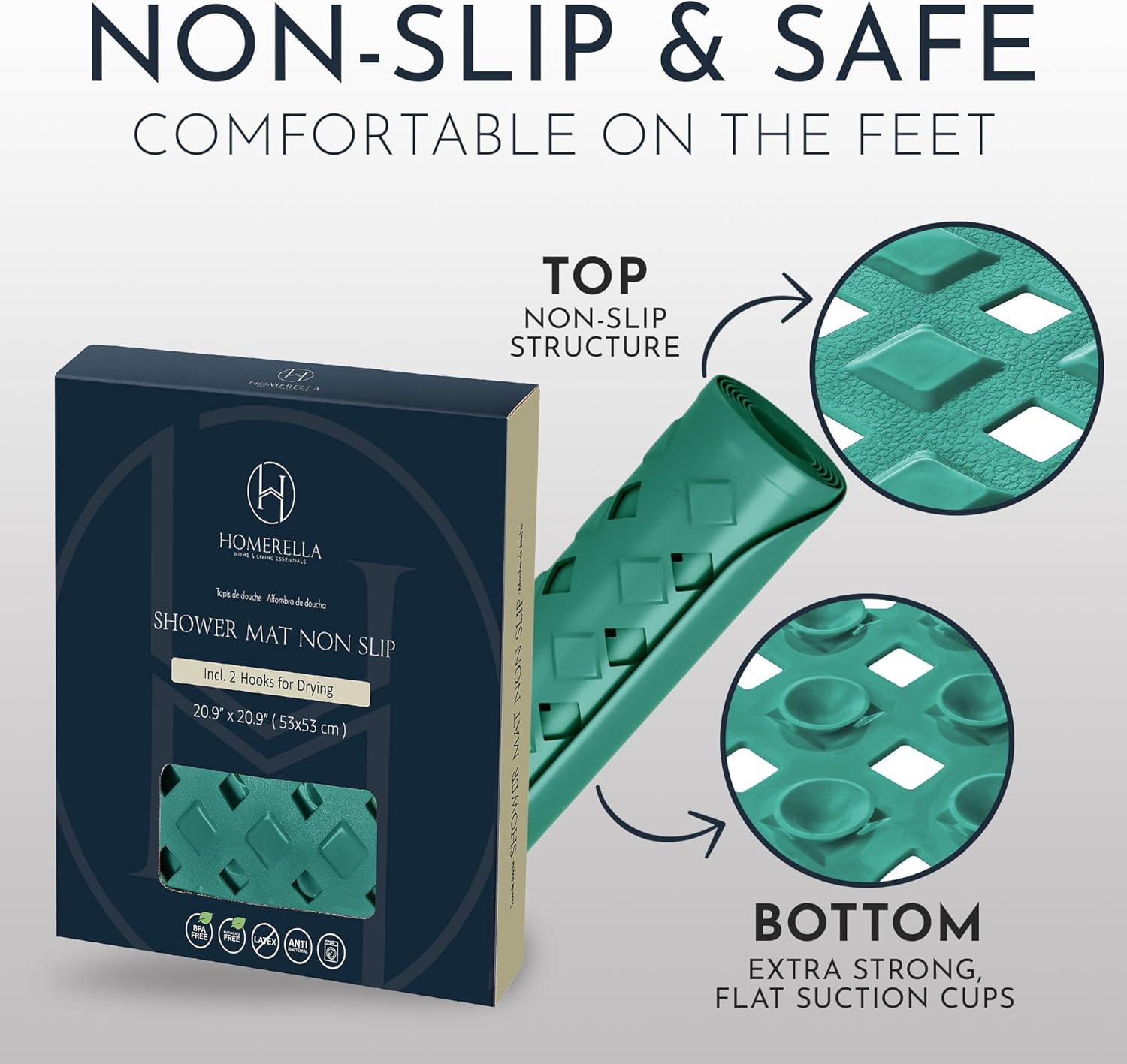 Homerella Anti Slip Shower Mat | Anti Mold Non Slip Bathtub Mat for Inside Shower | Square Floor