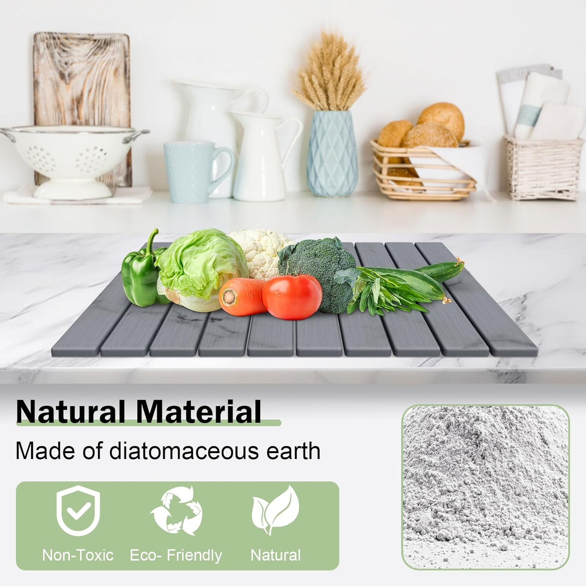 Stone Dish Drying Mat for Kitchen Counter,24"(L)×16"(W) Collapsible Fast-Drying Diatomaceous Earth