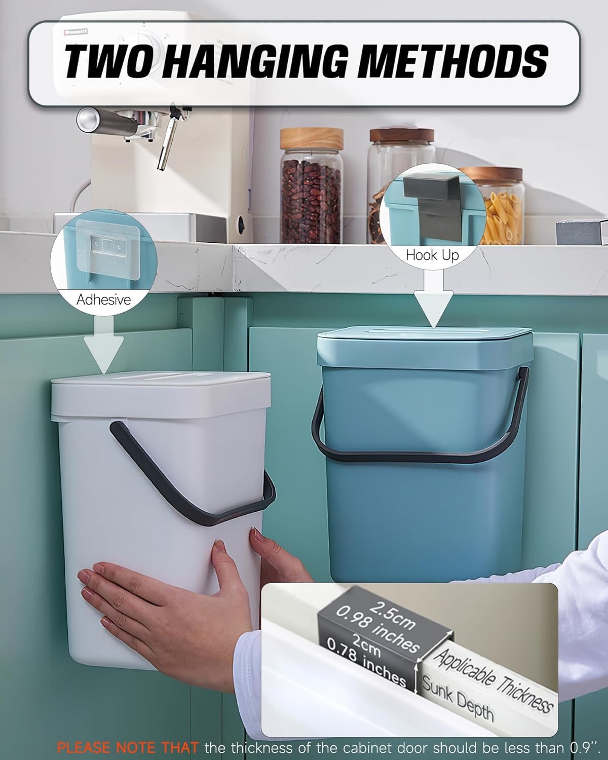 Indoor Compost Bin - 1.3 Gallons Hanging Small Trash Can with Lid for Kitchen Bathroom, Under Sink