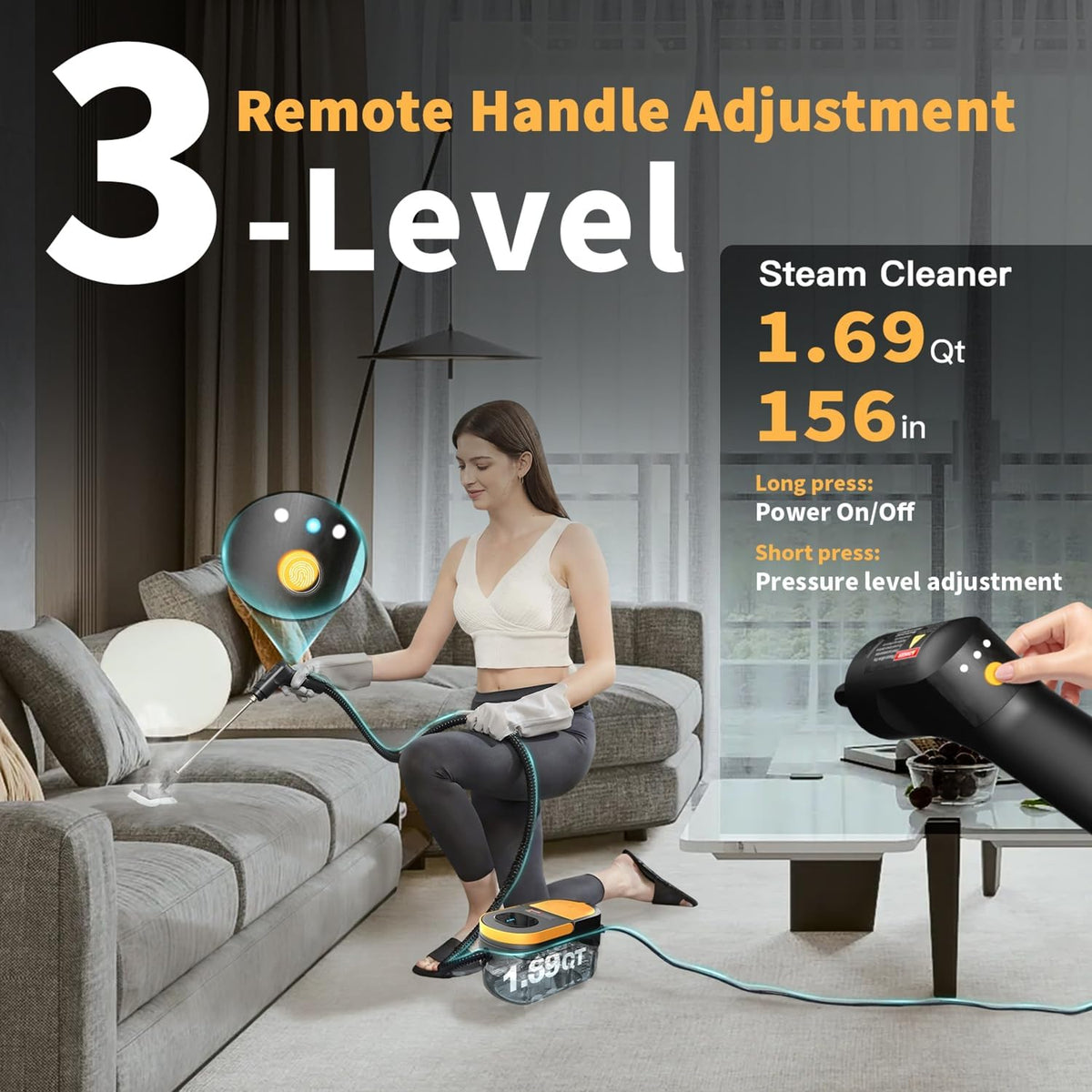 Steam Cleaner, 3-Level Adjustable Handle, 15s Heat-Up, 1.69 Quarts Tank, Portable Steamer for