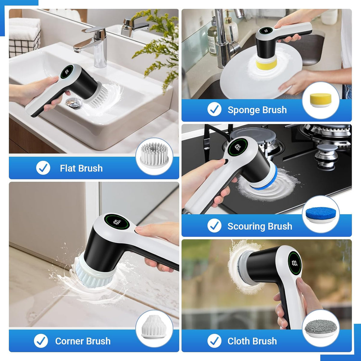Electric Spin Scrubber, Cordless Shower Scrubber with Battery Level Display, 2 Speeds Electric