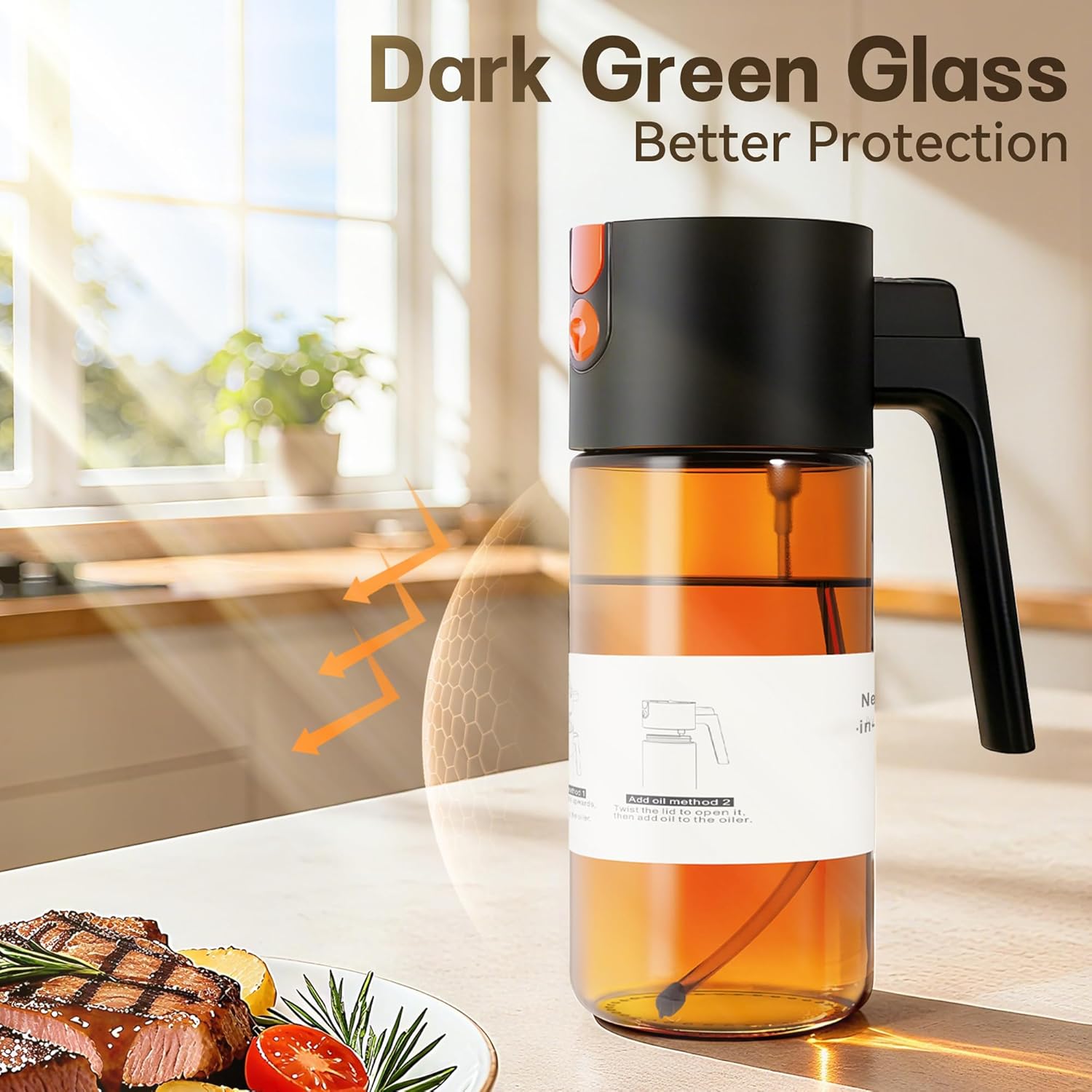 Upgrade 2 in 1 Oil Sprayer for Cooking, 17oz Light-Blocking Glass Olive Oil Dispenser Bottle for