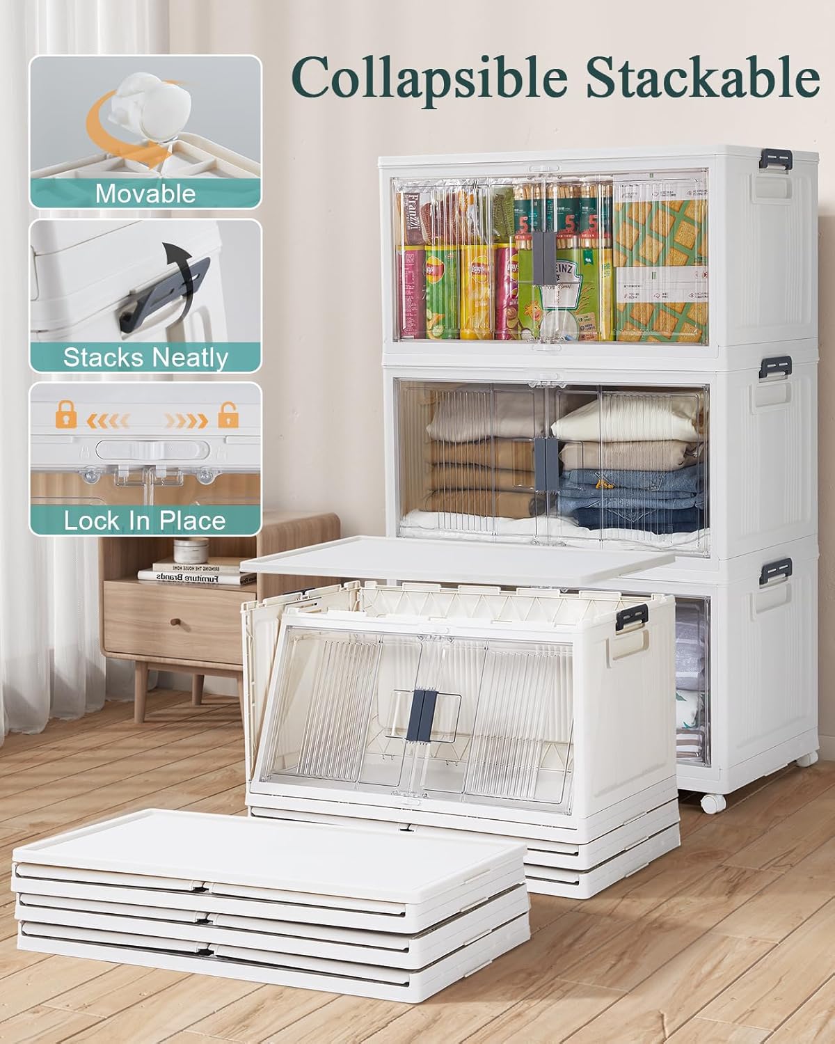 OlarHike 97QT Stackable Storage Bins with Lids - Folding Storage Box with Doors and Wheels