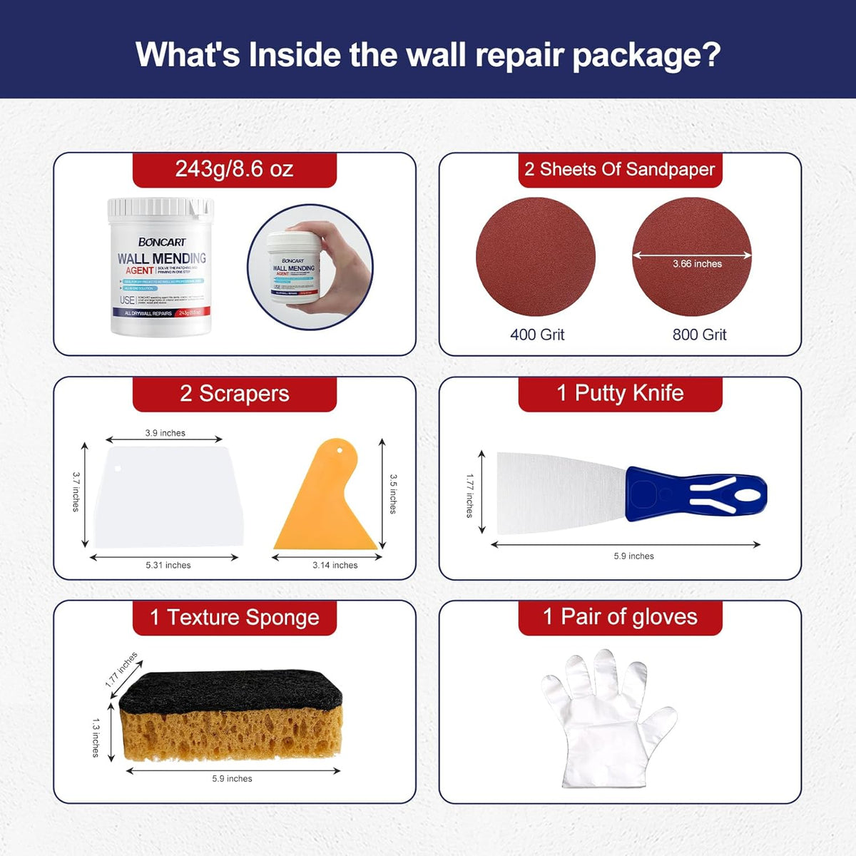 8.6oz Drywall Patch Repair Kit - Professional All-in-1 Tool Set (Scrapers/Sandpaper/Texture