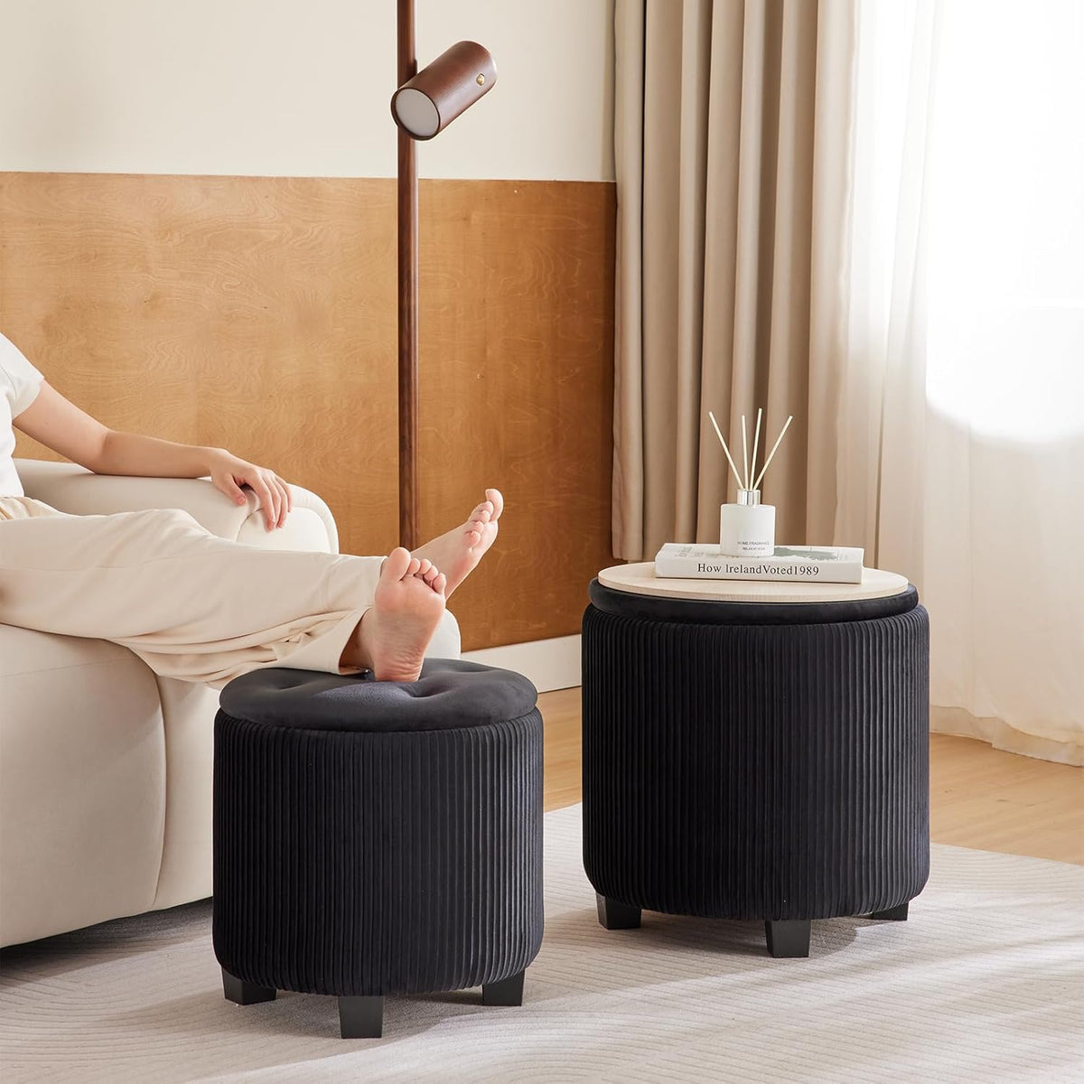 Big Round Ottoman with Storage Set of 2,Upholstered Velvet Vanity Stool for Makeup Multifunctional