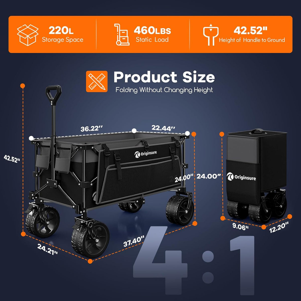 220L Collapsible Wagon Cart Foldable, 460lbs Load Capacity Heavy Duty Folding Beach Wagons with Big