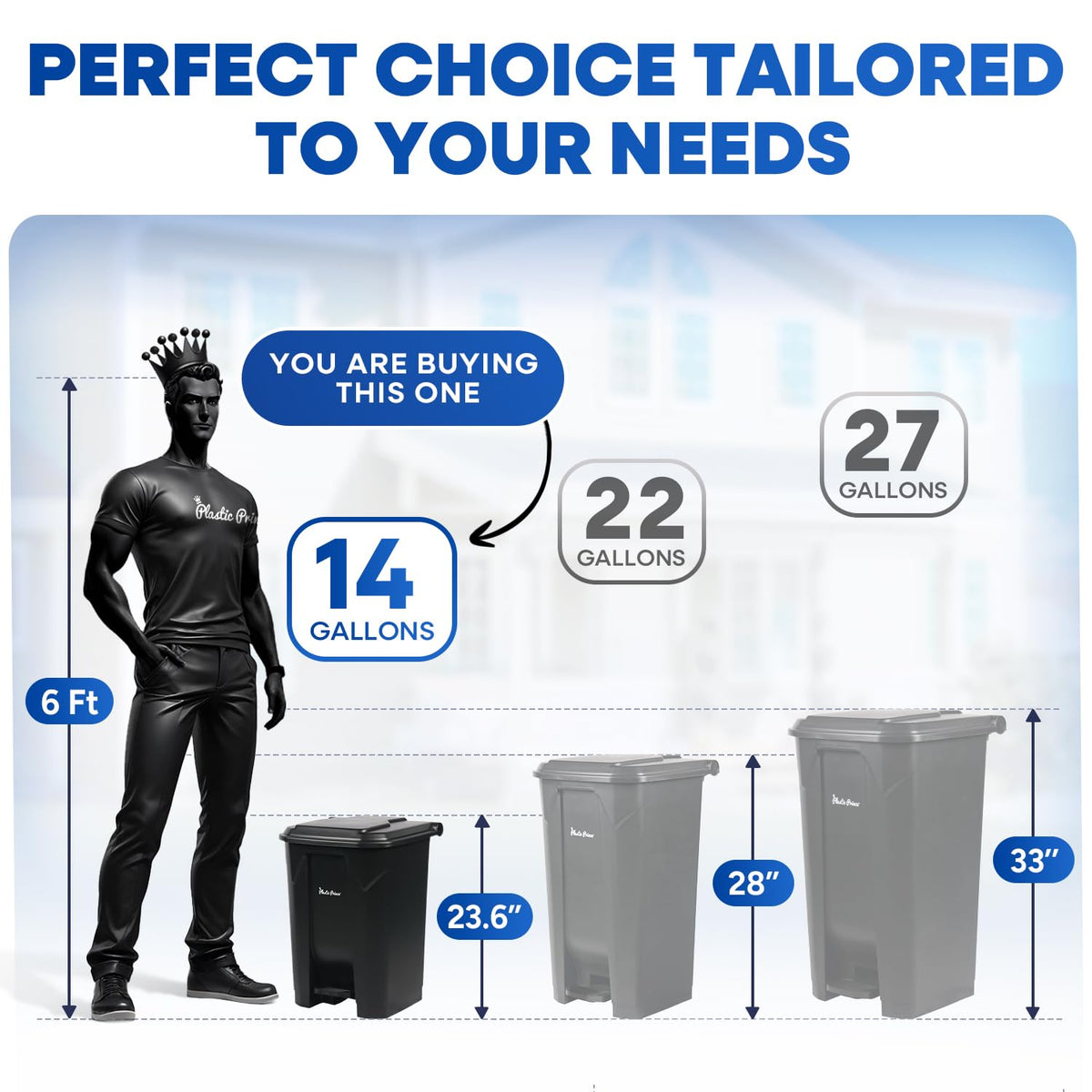 14 Gallon Step-On Trash Can/Container, Black Plastic Dustbin with Lid and Foot Pedal, Hands-Free