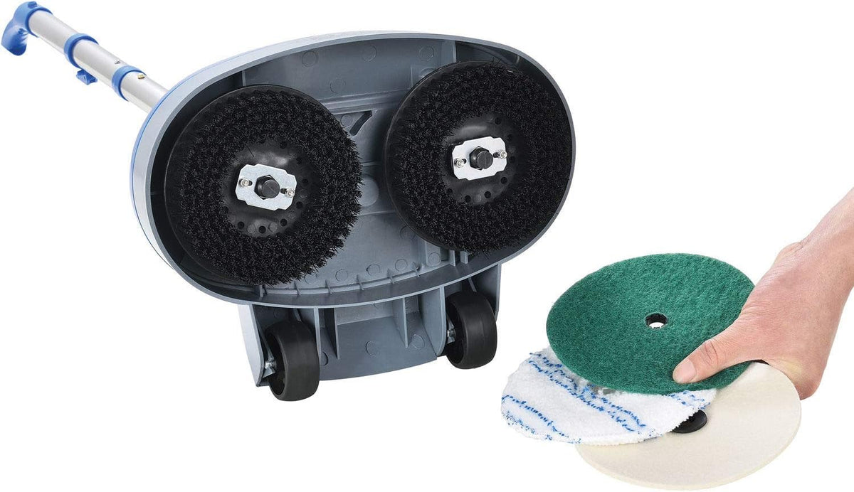 Global Industrial Mini Floor Scrubber With Floor Pads, 11" Cleaning Path, Dual Nylon Scrub Brushes