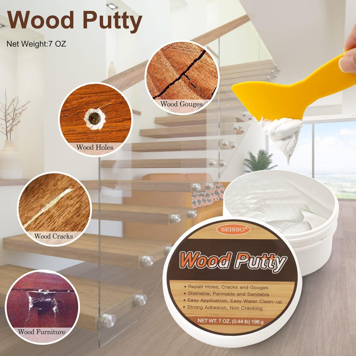 SEISSO Wood Putty, Water-Based Woods Filler, White Wooden Putty for Trim, Woods Filler Paintable
