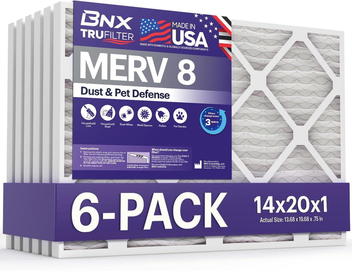 BNX TruFilter 14x20x1 Air Filter MERV 8 (6-Pack) - MADE IN USA – Dust & Pet Defense Electrostatic