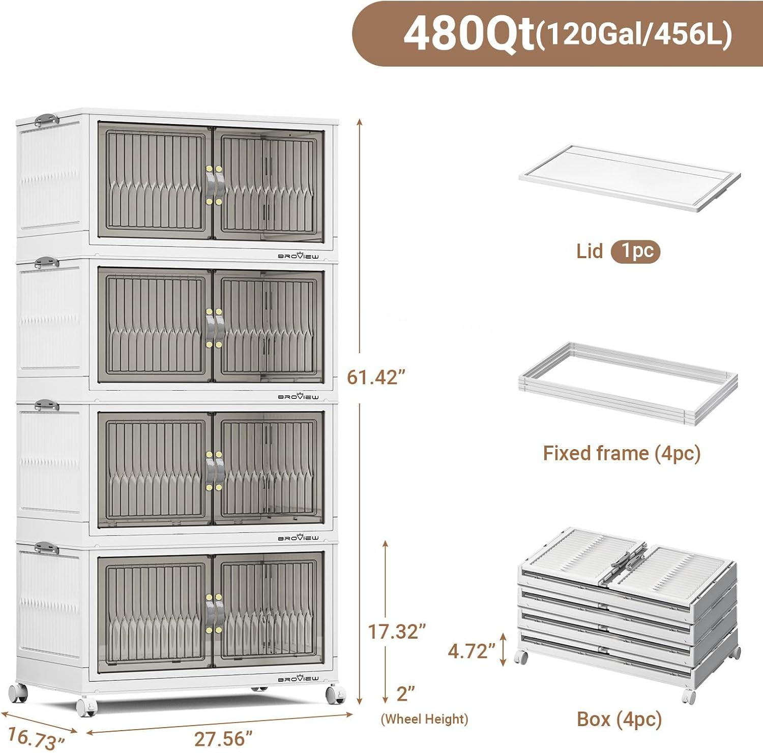 BROVIEW 480Qt Stackable Storage Bins with Lid, Extra Large Closet Organizer Collapsible Drawer