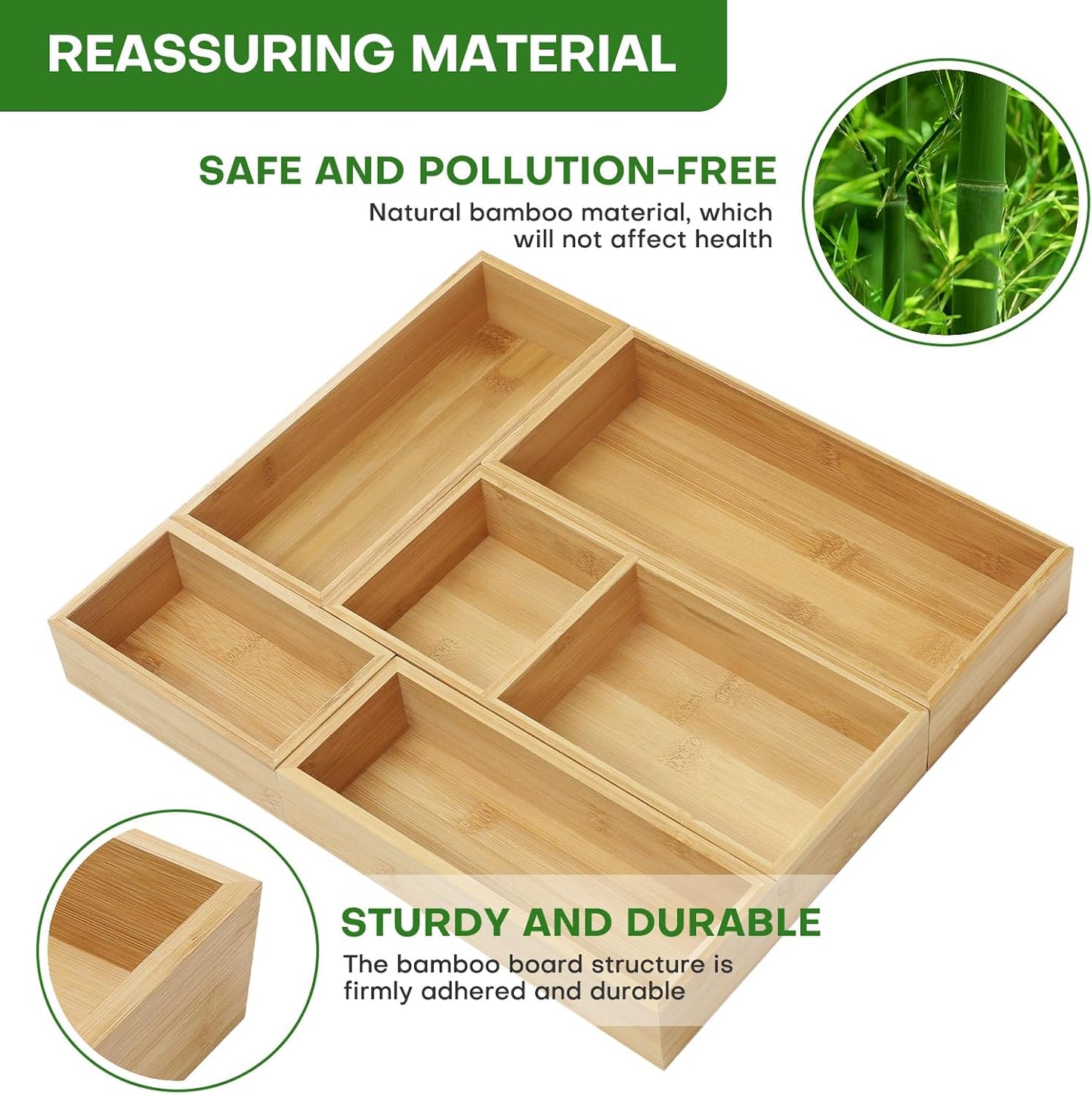 Bamboo Drawer Organizer Set, 5 PCS Multi-Use Individual Wood Storage Organizers, Junk Drawer