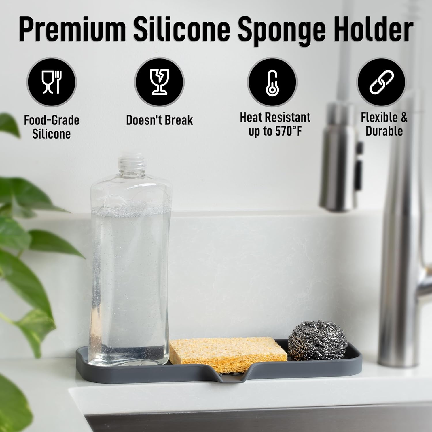 Zulay Large Silicone Sponge Holder (12x4) – Flexible Sink Organizer Tray for Kitchen & Bathroom