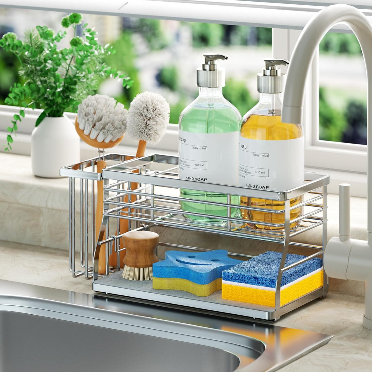 SWTYMIKI Kitchen Sink Caddy Organizer, 2 Tier Sponge Holder for Kitchen Sink with Instant Drying