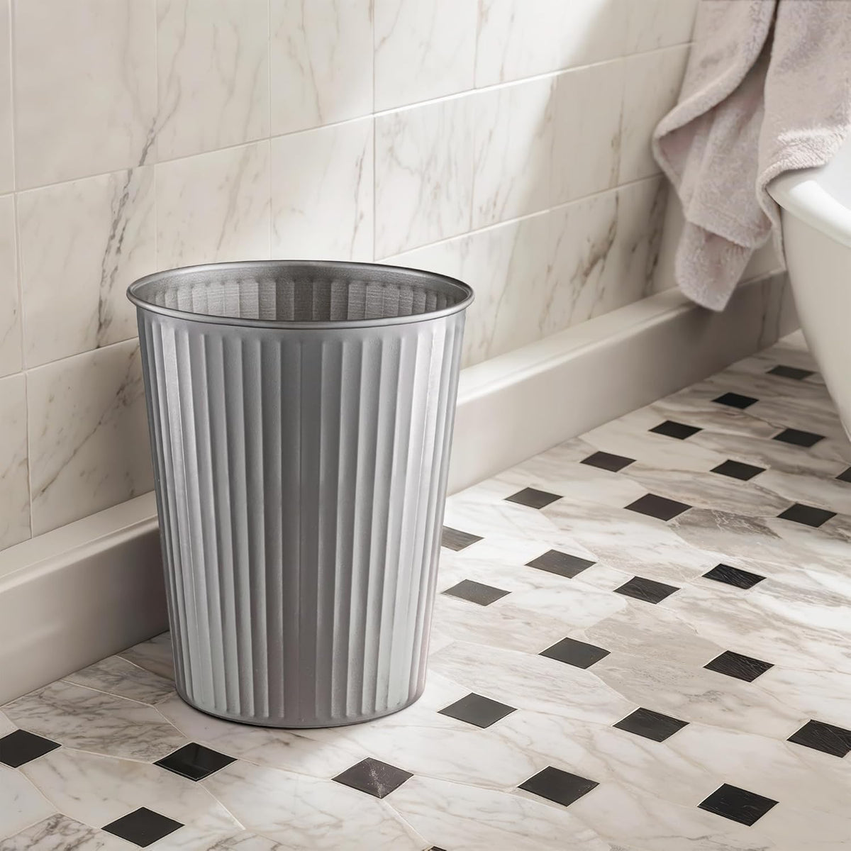 Monarch Abode Pewter Handcrafted Ridge Embossed Metal Wastebasket for Home Office, Decorative Waste