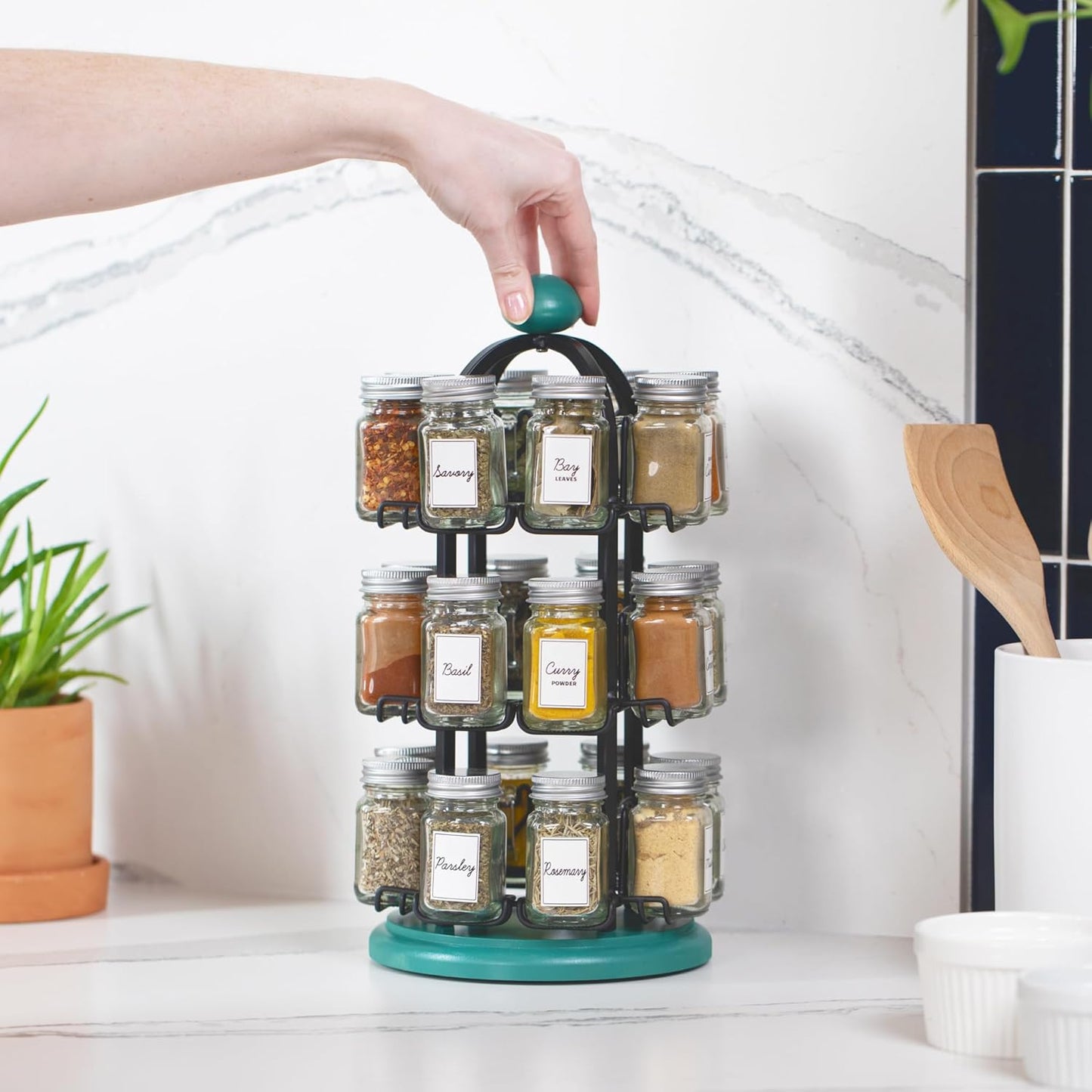 Orii Adrinova 24 Jar Revolving Spice Rack with Spices Included, Spice Organizer for Kitchen