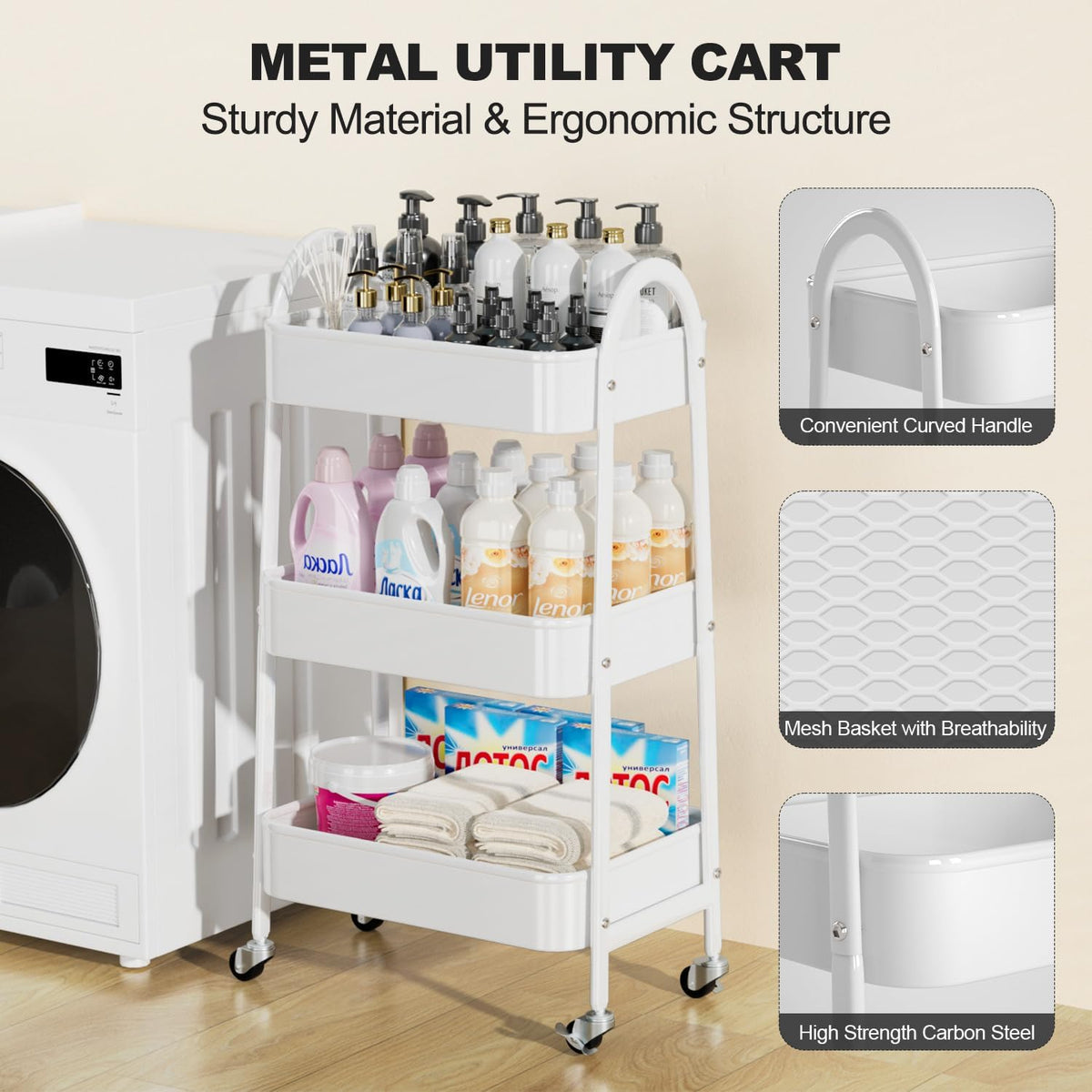 EAGMAK 3 Tier Rolling Cart Under Desk, Large Metal Storage Cart with Handle and Lockable Wheels
