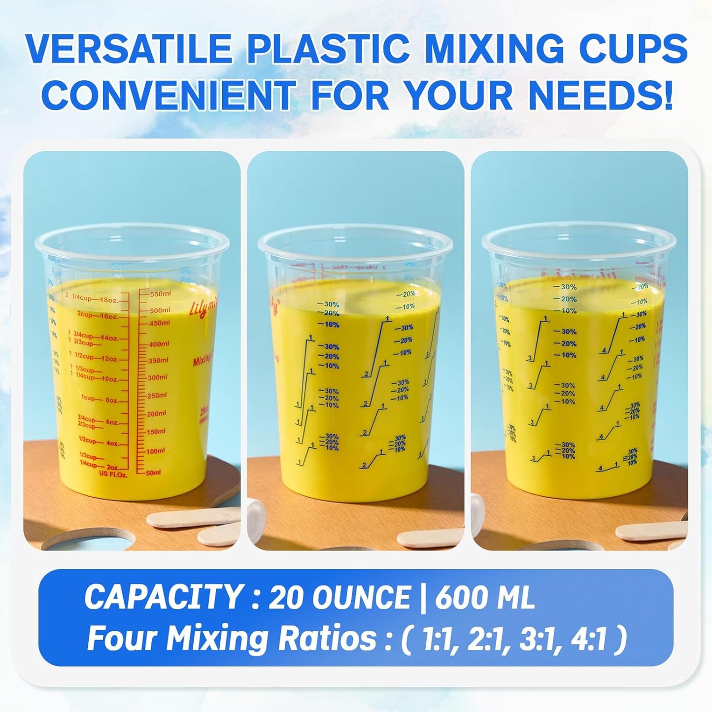 50 Pack Plastic Mixing Cups, 20 oz (600ml), Disposable Measuring Cups with 50 Wooden Mixing Sticks