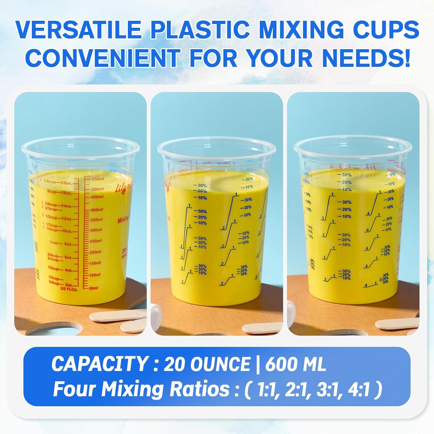 50 Pack Plastic Mixing Cups, 20 oz (600ml), Disposable Measuring Cups with 50 Wooden Mixing Sticks