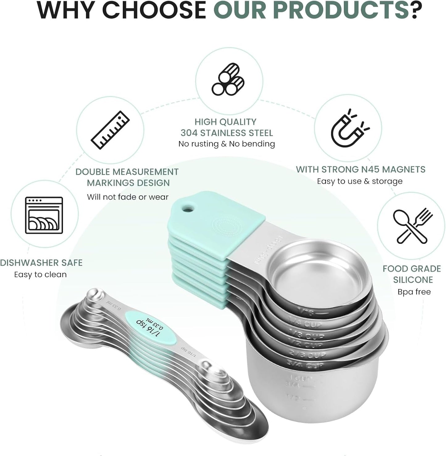 Magnetic Measuring Cups and Spoons Set-Heavy Duty 304 Stainless Steel，Double Measurement