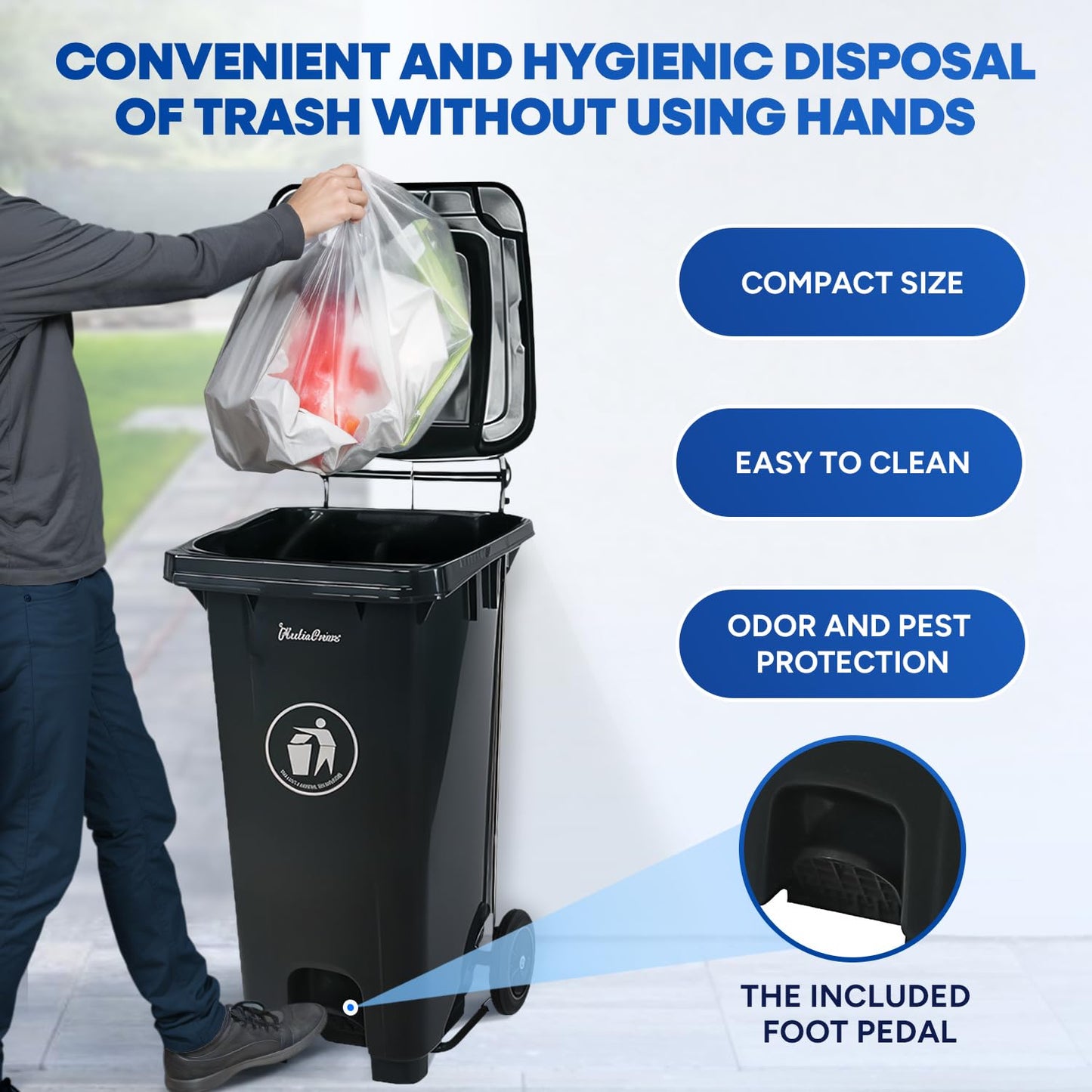 32 Gallon Step-On Large Outdoor Trash Can with Lid and Wheels - Outside Plastic Rolling Garbage Can