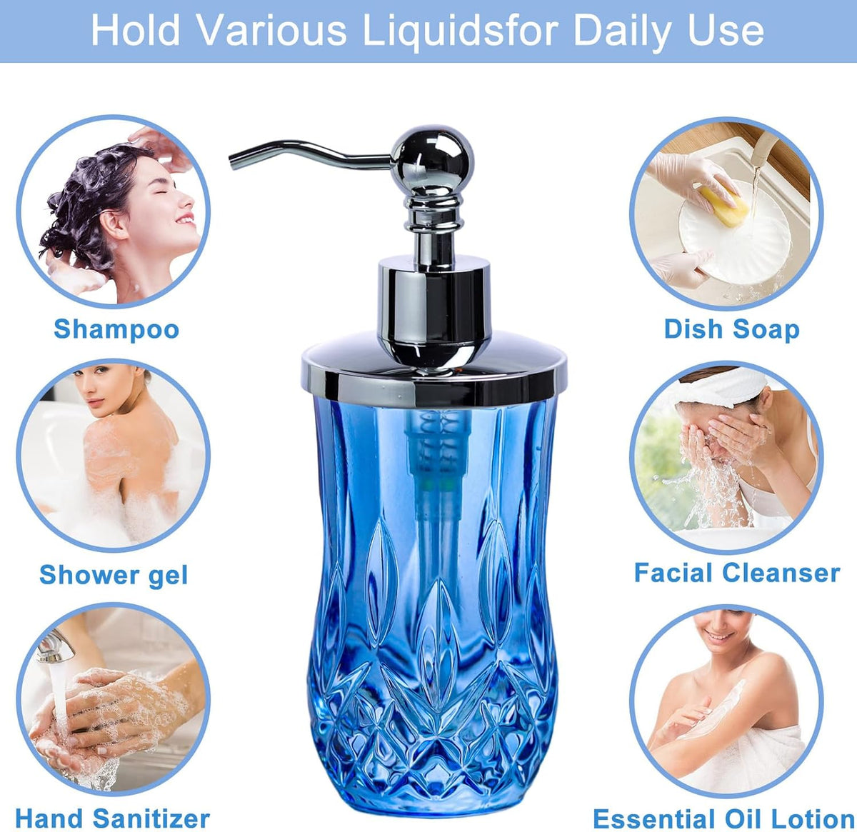 9Oz Diamond Grid Pattern Blue Glass Soap Dispenser with Rust Proof Stainless Steel Pump,Refillable