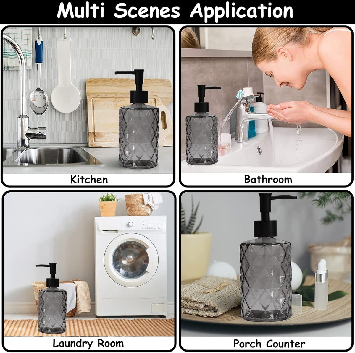 Glass Soap Dispenser with Black Plastic Pump, 12oz Refillable Liquid Hand Soap Dispenser, Crystal