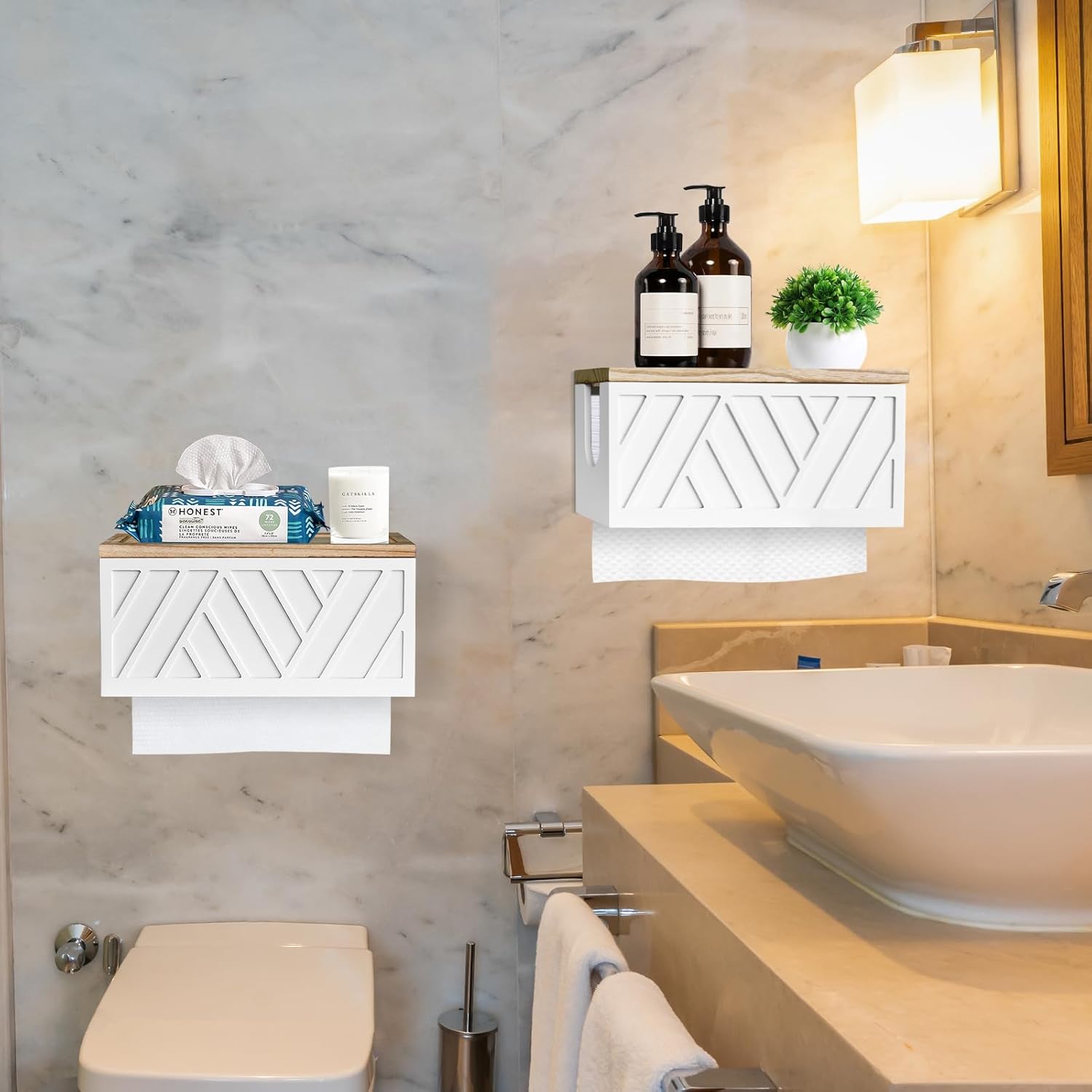 Set of 2 Paper Towel Dispenser Wall Mount, Paper Towel Holder Wall Mounted with Lid, Solid Wood