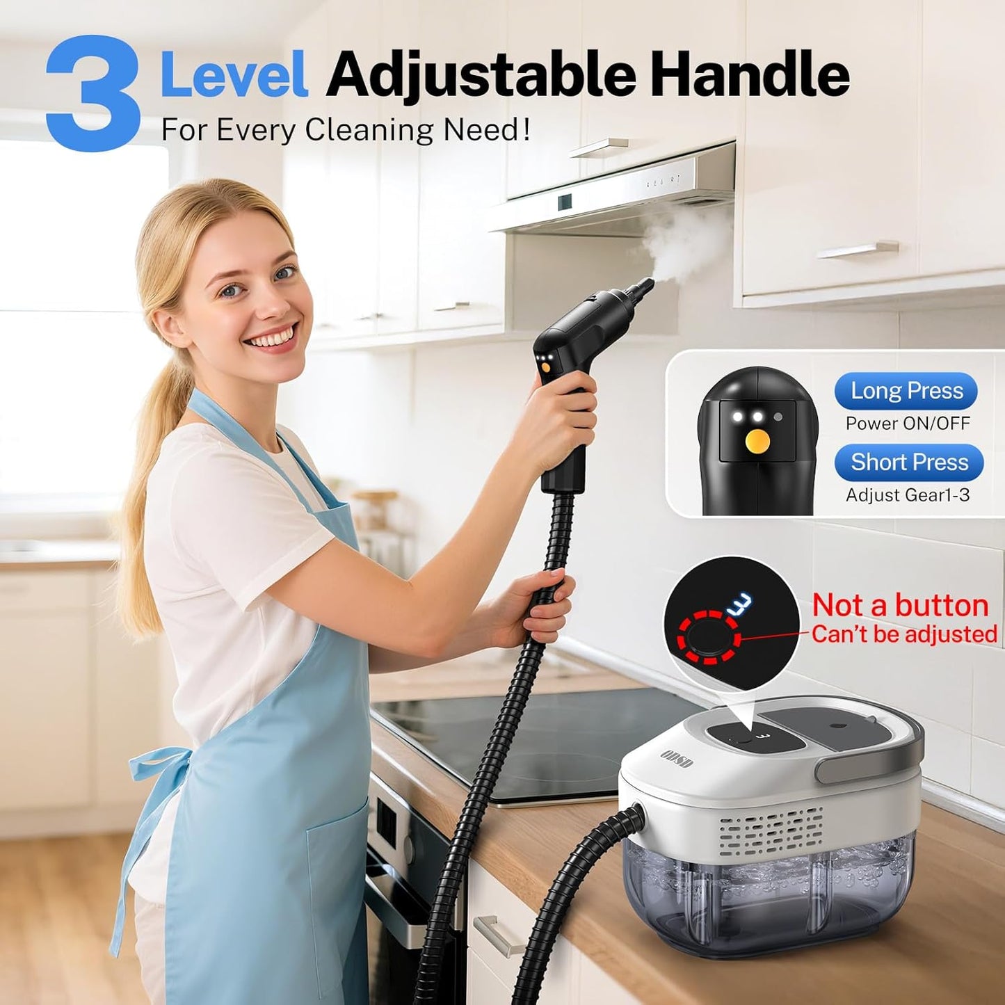 ODSD Steam Cleaner for Home & Car, 3-Level Adjustable Steamer for Cleaning, 15s Heat-Up & 1.6L