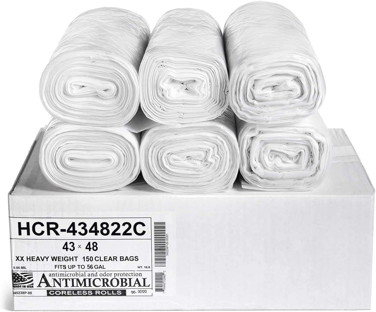 Aluf Plastics High Density Trash Bags, 56 Gallon, 150 Count, 22 Micron (eq), 43" x 48", Clear, for