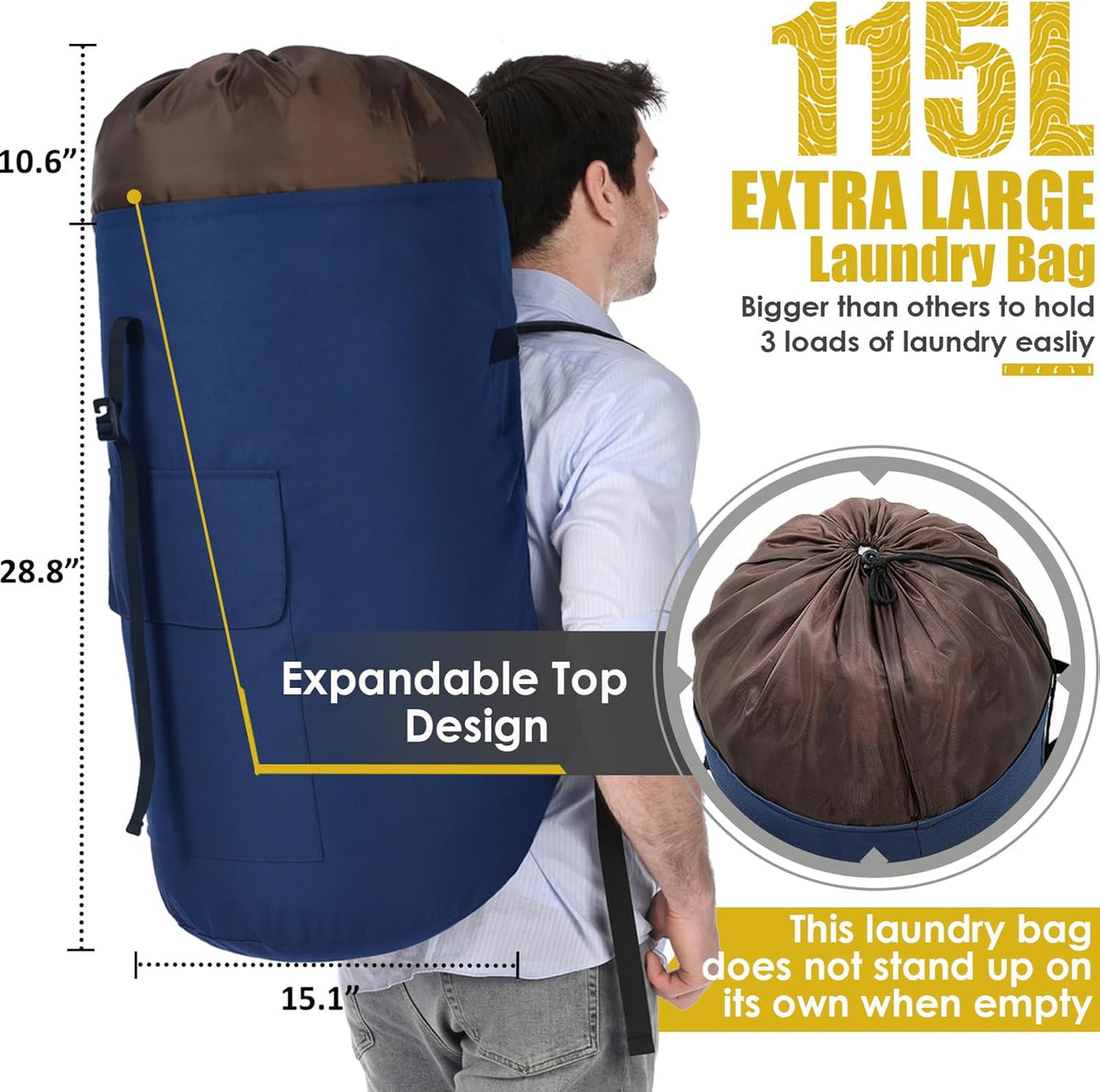 Laundry Bag Backpack Extra Large, 115L Laundry Backpack with Padded Shoulder Strap, Sturdy Travel